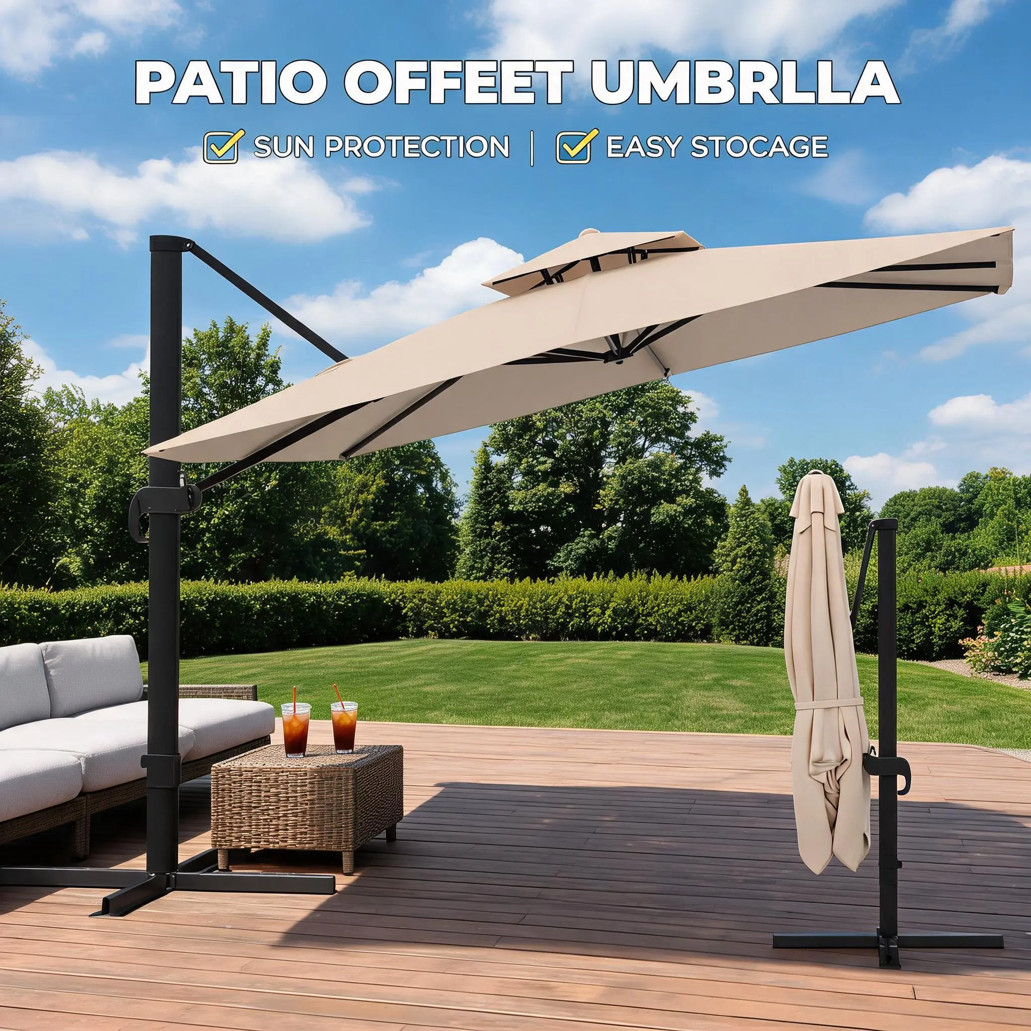 10x10 FT Square Cantilever Umbrella Burgundy Red 360 Degree Rotating Heavy Duty Hanging Offset Patio Umbrella Adjustable Height Vented Canopy For Pool Deck Yard Base Not Included
