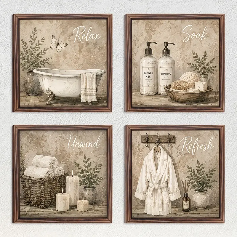 4pcs Vintage Bathroom Wood Wall Art Picture Image Prints, Relax Soak Hanging Decor, Home Decoration for Bedroom, Living Room, Office, No Drilling, Free Tape Included