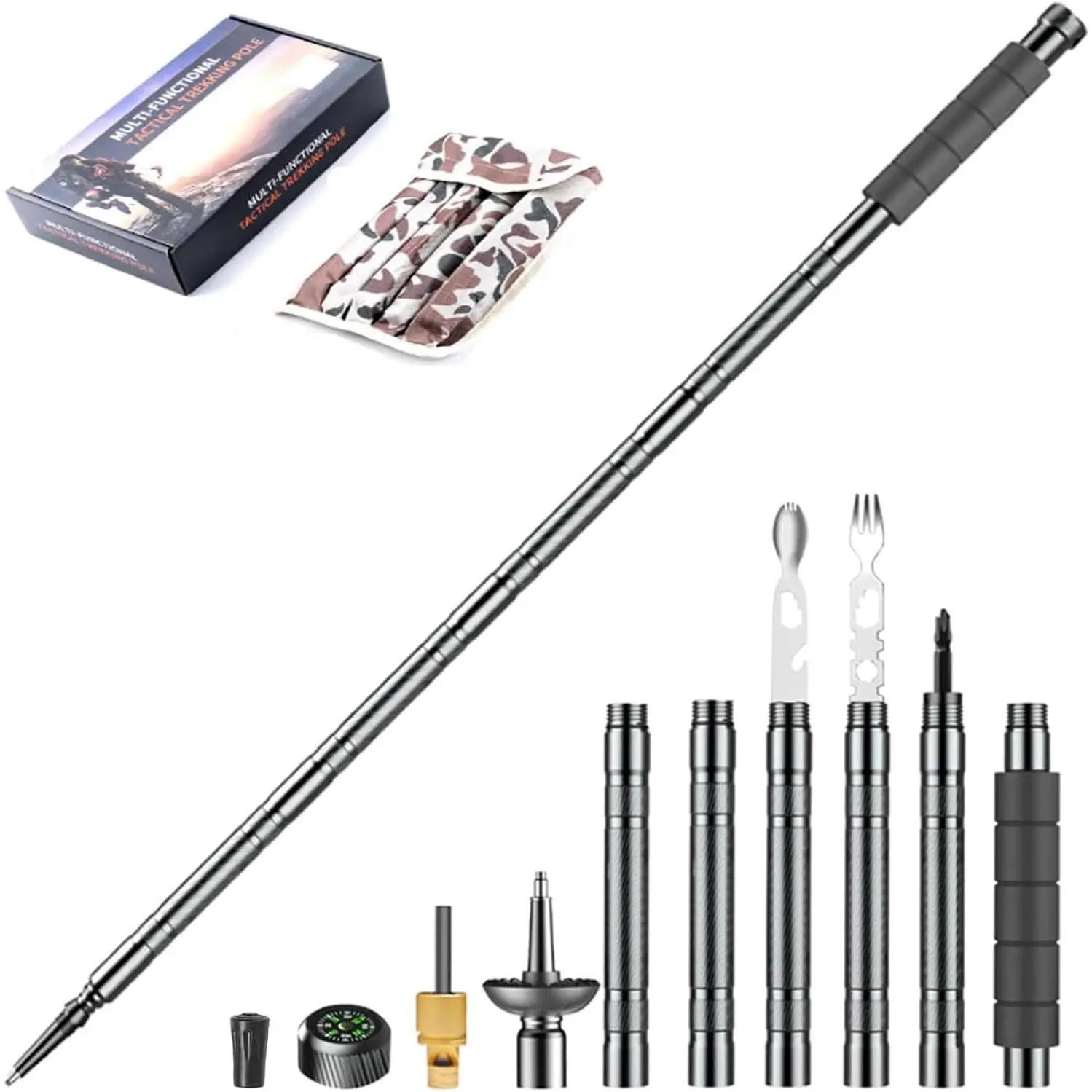 Trekking Pole Tactical Walking Stick, Multifunctional Lightweight Aircraft Aluminum Collapsible Survival Hiking Pole with Storage Bag  Women Men Seniors Camping Backpacking