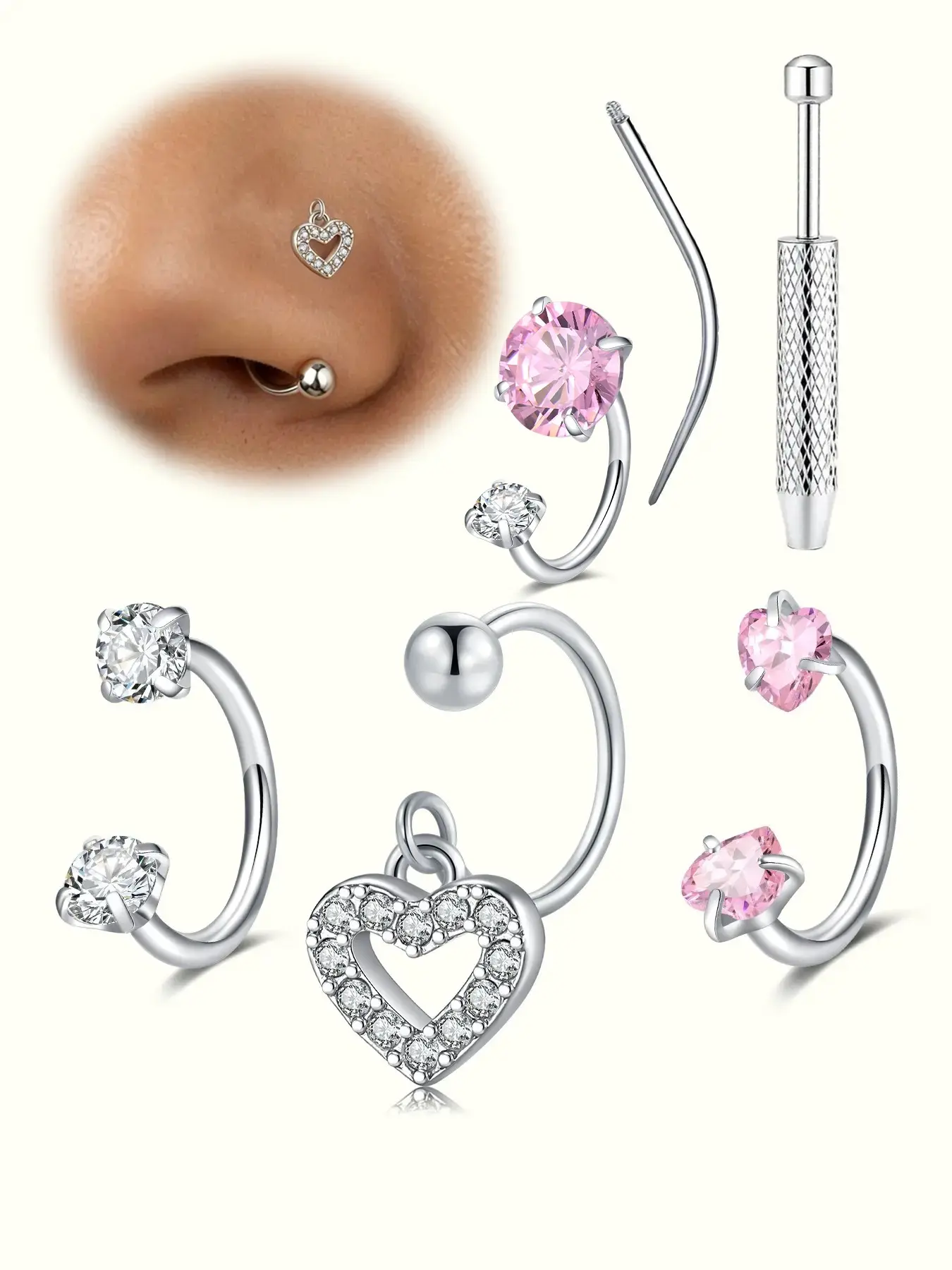 Tragus Helix Cartilage Conch Piercing Jewelry, Body Jewelry, Hypoallergenic Cz Cubic Nose Ring, Surgical Steel, Includes Piercing Ball Grabber Tool