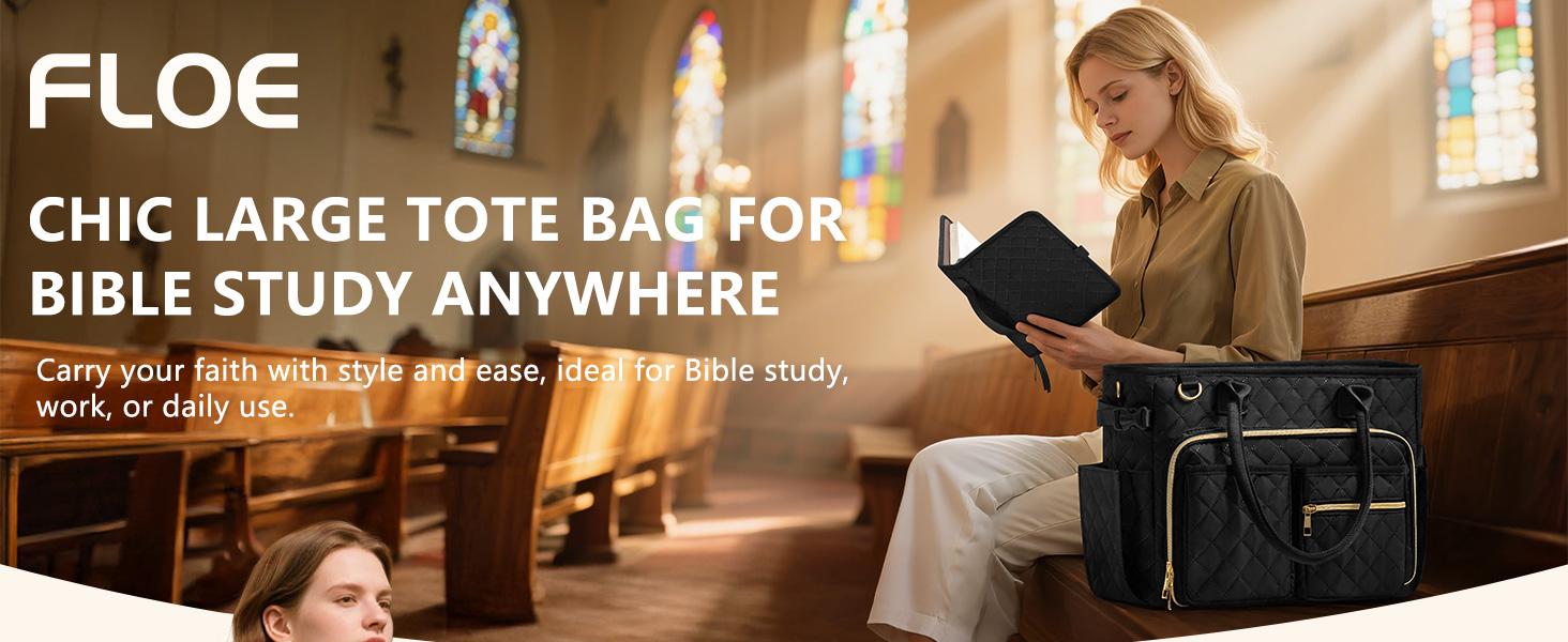 Large Bible Bag with Bible Cover Case for Women, Quilted Church Tote Bag Bible Carrying Case w/Shoulder Strap, Bible Study Supplies Journaling Kit Bible Accessories Christmas Christian Gifts for Women