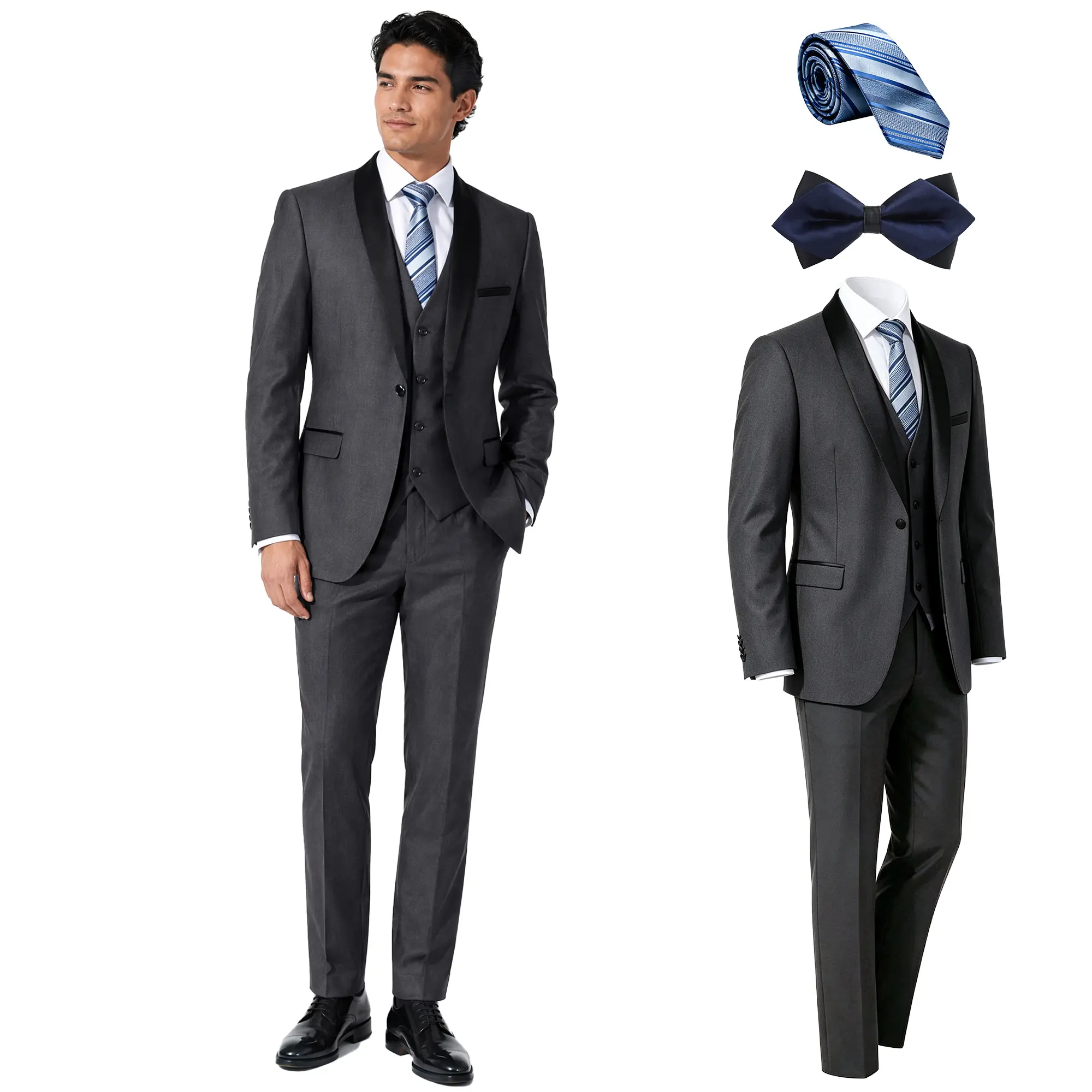 Men's Charcoal 3-Piece Satin Lapel Tuxedo Suit – Formal Blazer, Vest & Pants for Weddings & Gala Events, Comes with Free Bow Tie & Necktie