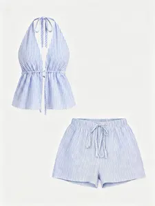 Chic Striped Self Tie Halter Deep V Cutout Peplum Crop Top & Drawstring Shorts 2 Piece Lightweight Set For Beach Vacation Streetwear And Summer Casual Matching Outfits, Pink Blue Yellow Multi Colors