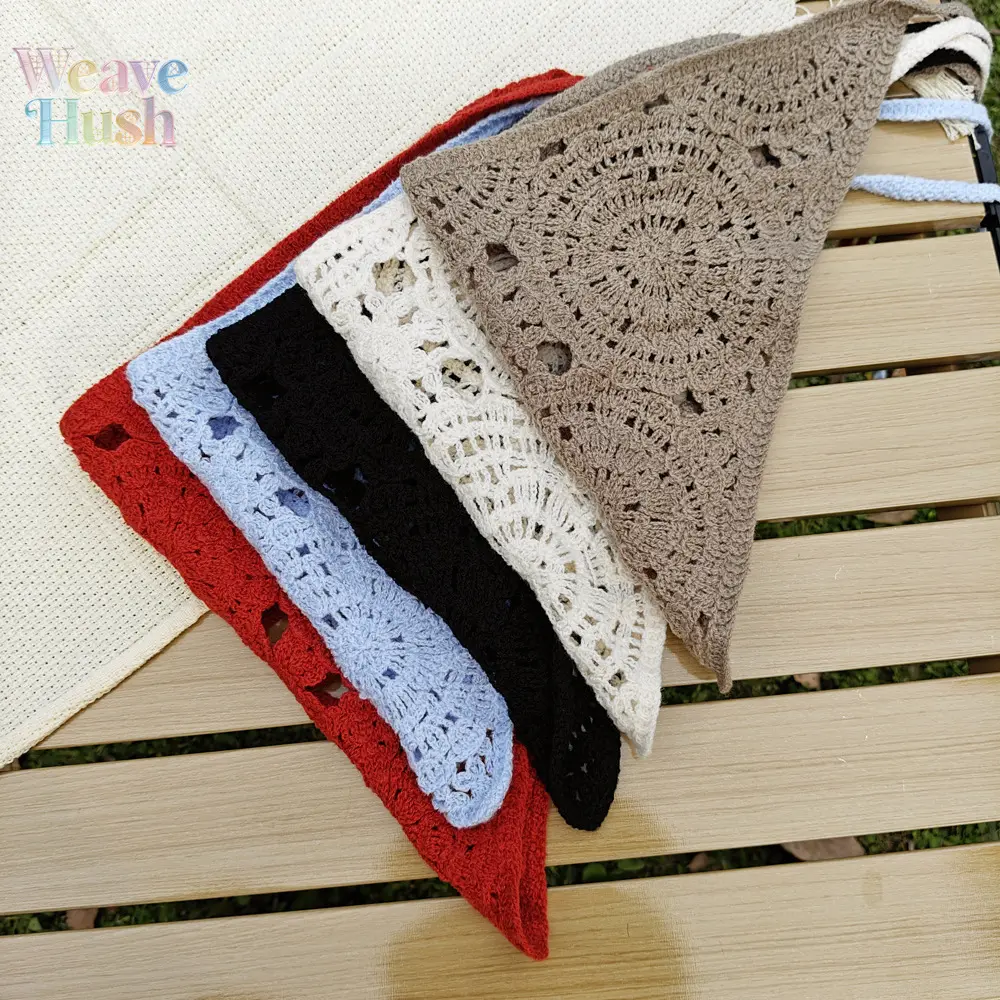 Female 5-Pack Solid Crocheted Triangular Scarf Set - Vintage Wool Pastoral Bohemian Bag Accessories, Hollow-Knit Breathable Head Wraps, Soft Warm All-Season DIY Luggage Accents for Daily Casual Use, Crocheted Triangle Scarf, Metal