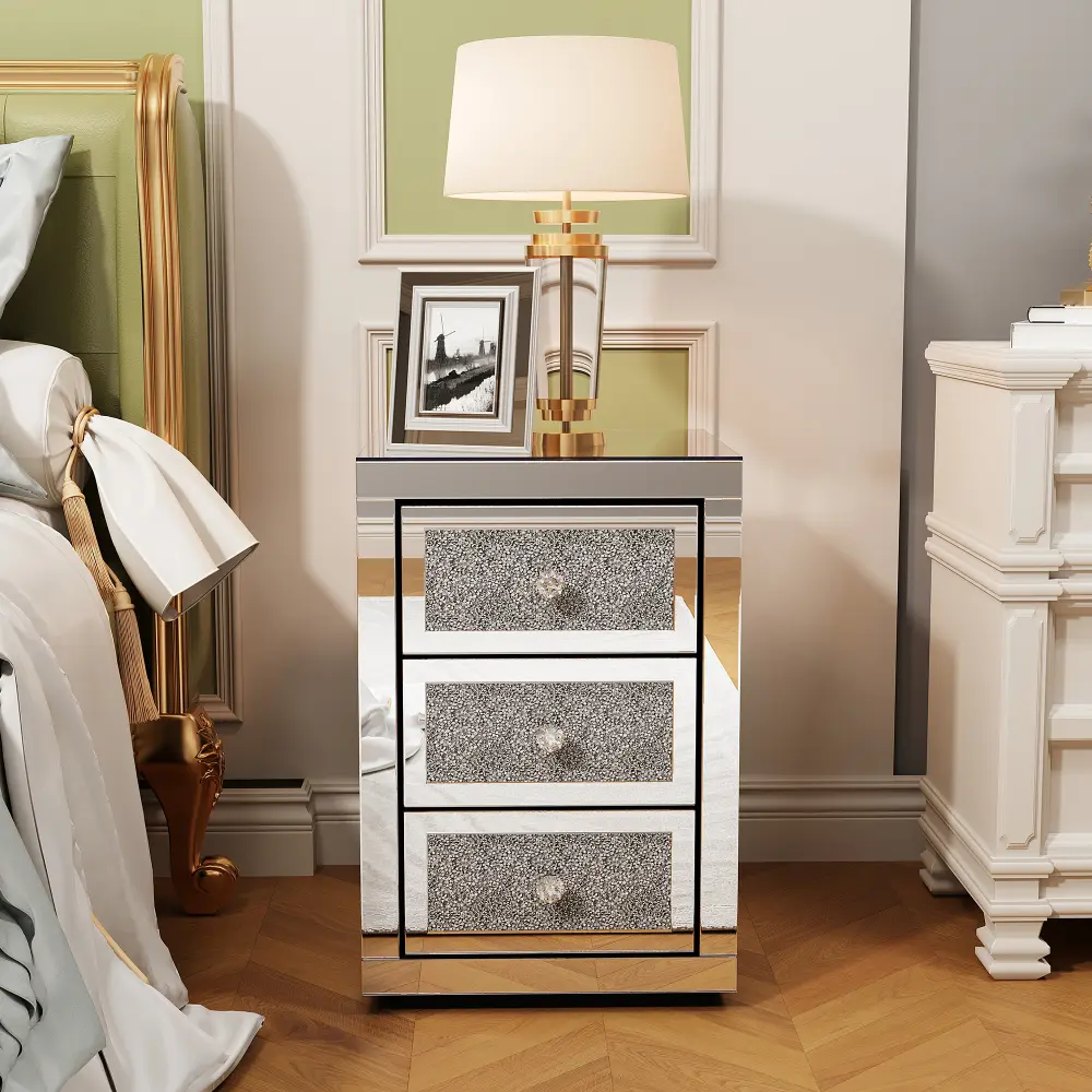 3-Drawer Mirrored Silver Diamond Motif Nightstand, Modern Entryway Accent Table, Contemporary Side Table Living Room Glass Furniture