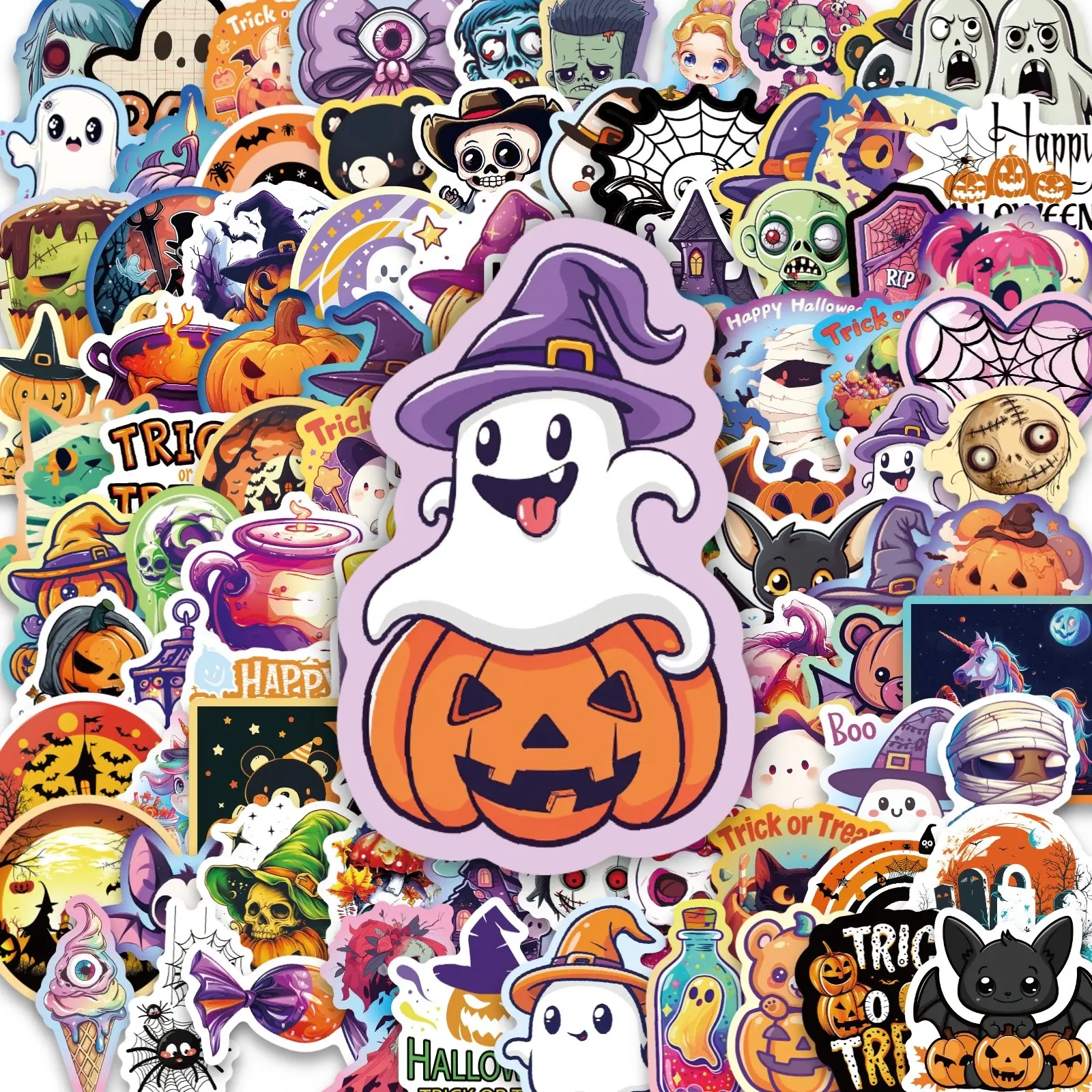 100pcs Halloween Ghost Pumpkin Skull Stickers, Waterproof PP Decals for Phone Case, Cup, Laptop, Gift Wrapping, Home Decor
