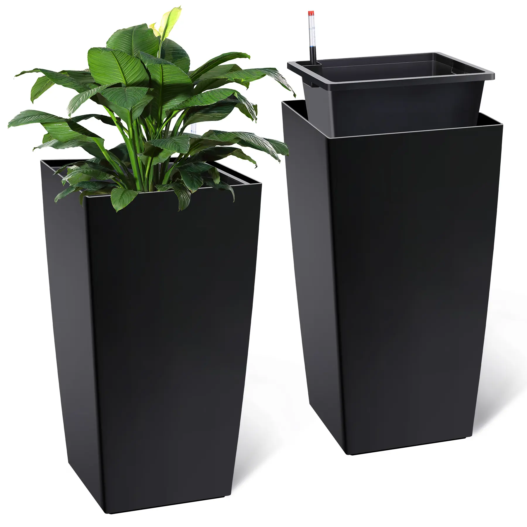 Hosslly Modern Pre-Assembled Self-Watering Square Garden Pots Set of 2 - 30 in Tall PP Plastic, Drainage, Water Gauge, Hidden Wheels - Large Decorative Indoor/Outdoor Wheels Flower Pots for Gardeners (Black/White)