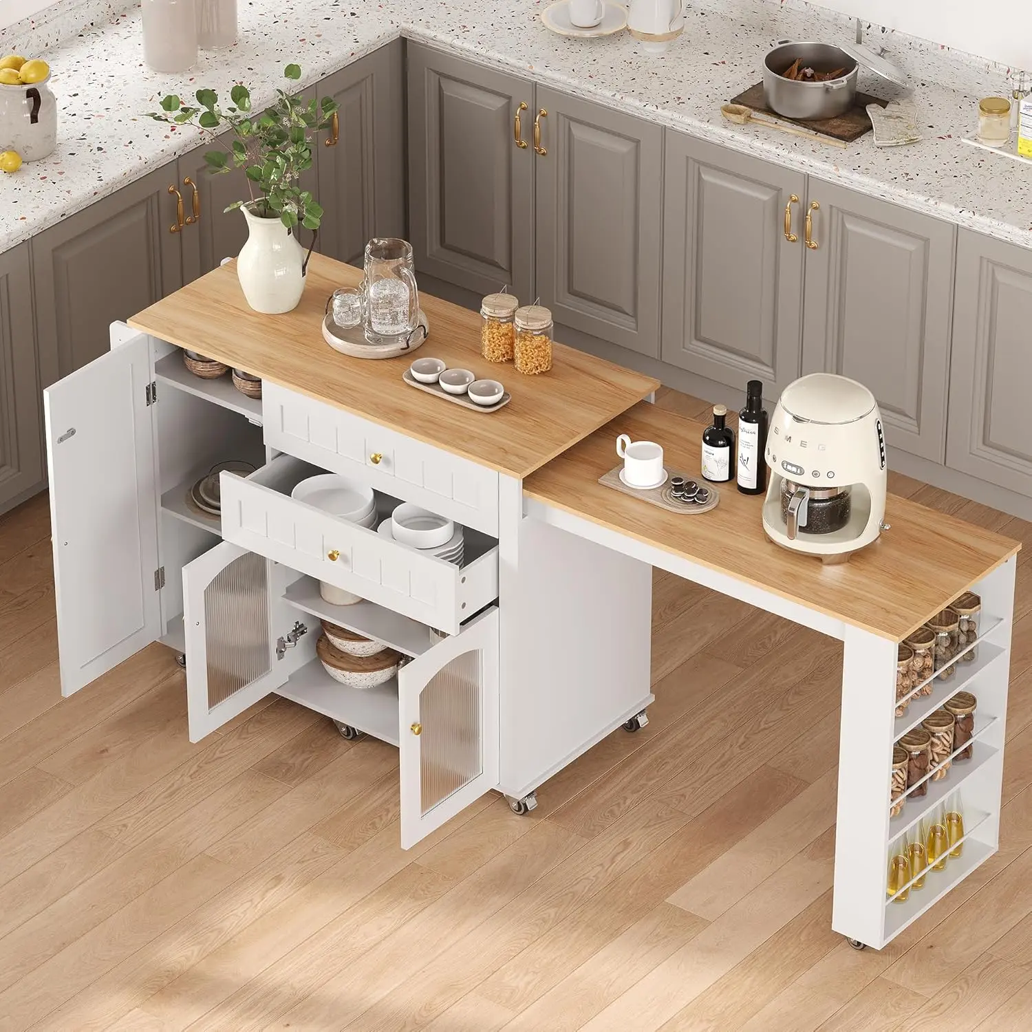 78.3” Rolling Kitchen Island with Extendable Table, Drawers, Open Shelves, Drop Leaf Table – Mobile Butcher Block Table for Dining Room, Home Bar, Kitchen