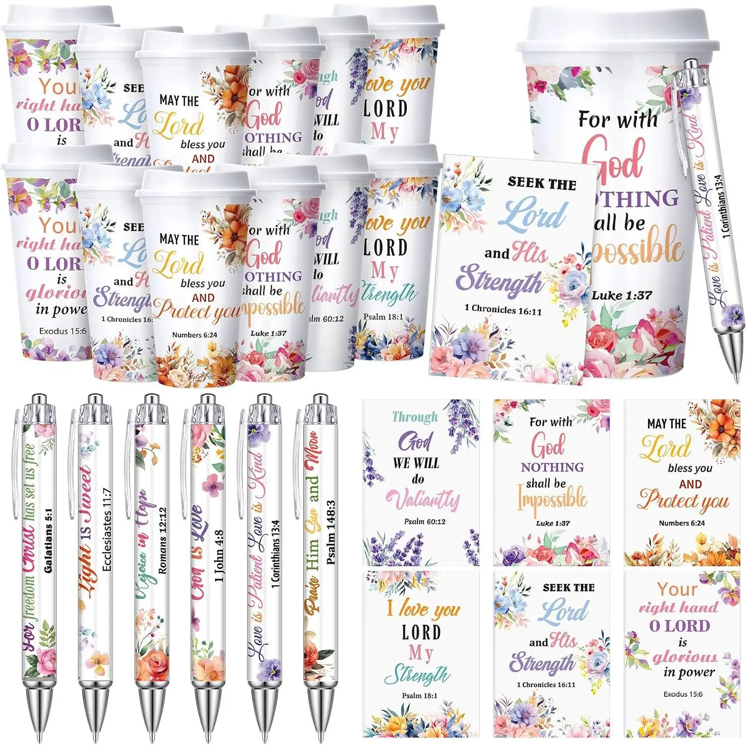 36-Pack Floral Colorful Christian Employee Appreciation Bulk Gifts - 16 oz Plastic Religious Coffee Tumbler Set with Scripture Pens, Notebooks for Church Party Favors