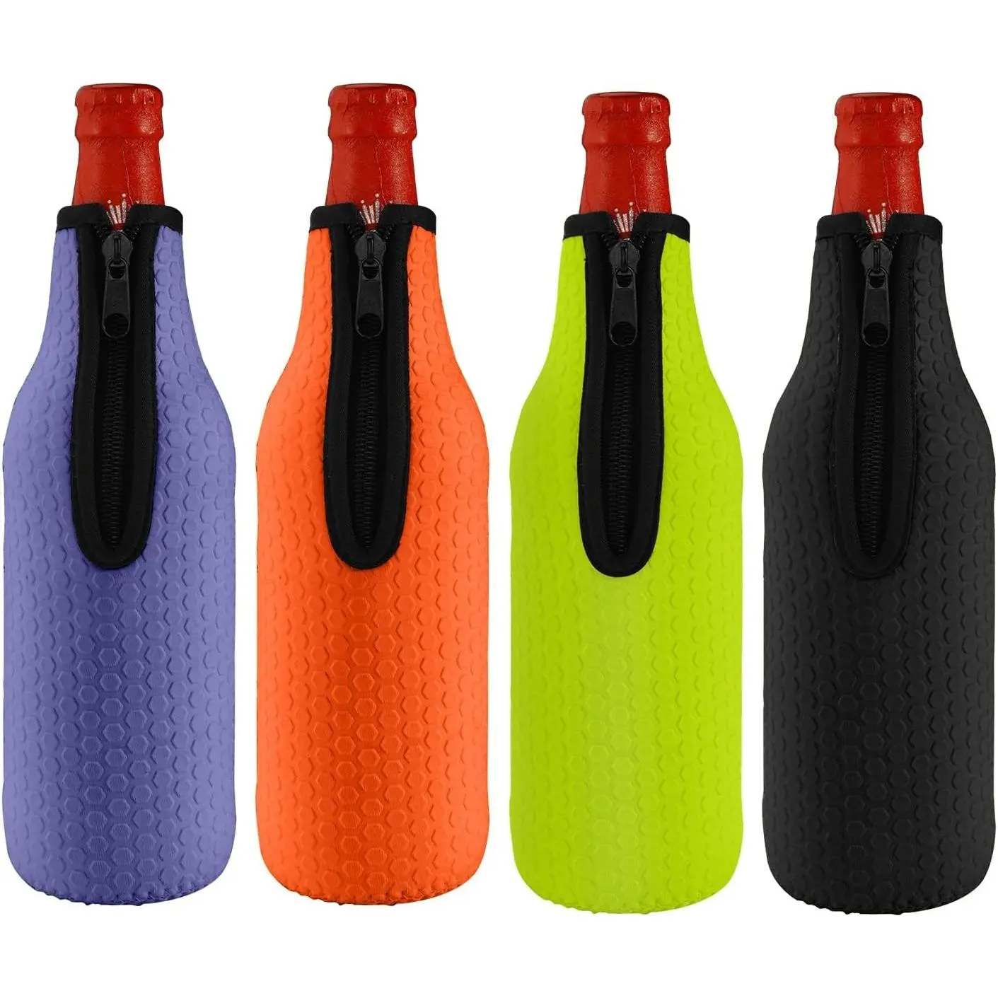 16oz to 18oz Glass Beer Bottle Insulator Sleeves, 4 Pack, 4 Colors | Soft Insulated, Neoprene Cooler Covers, Non-slip Thick Jacket, Coolier Drink Holder, With Zipper, Black/Yellow/Orange/Purple