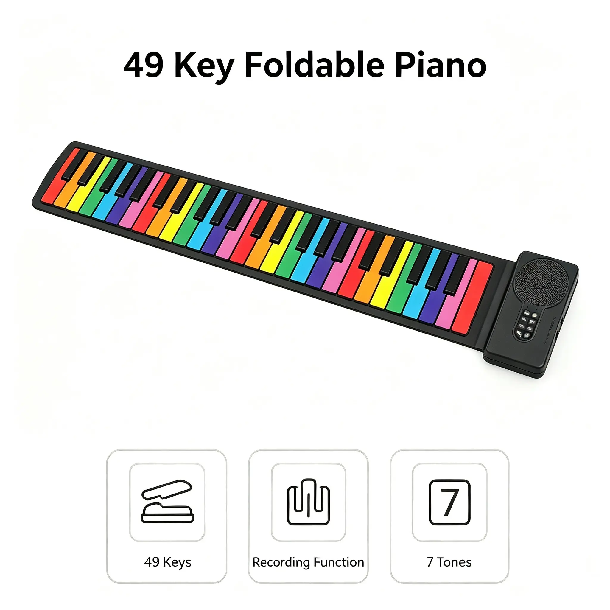 Foldable digital electronic piano keyboard, Music Keyboard, 49 key portable piano, rechargeable, rainbow color matching, 7 tones+8 educational songs, great value for beginners