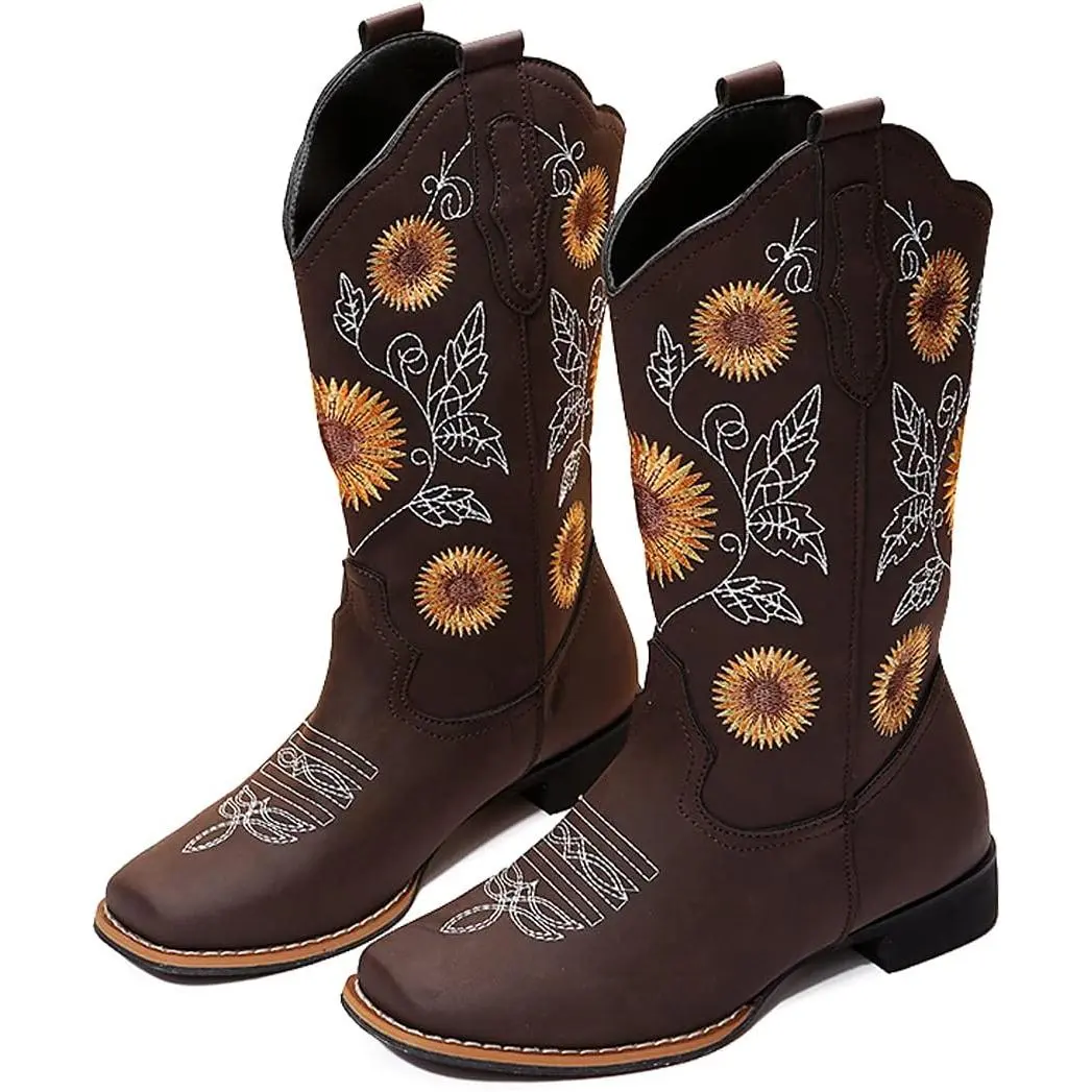 gloryinterest Cowboy Boots for Women Mid Calf Cowgirl Western Boots Sunflower Embroidery Stitched Square Toe Low Heel Black Brown Yellow US6-10.5