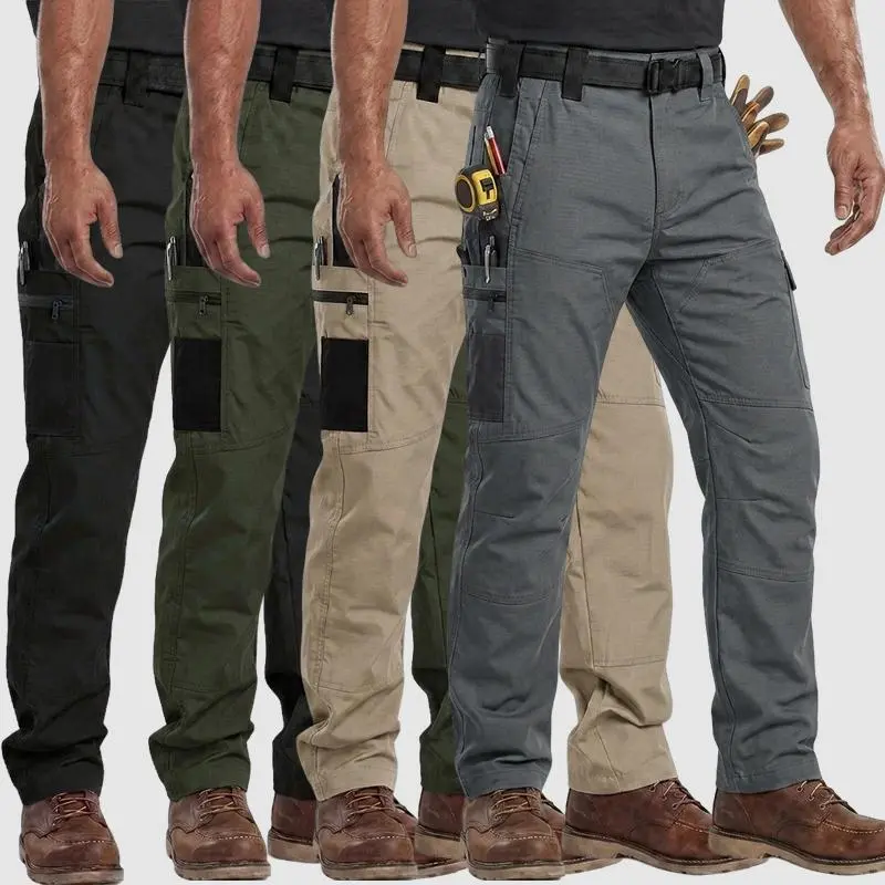 HOMUG 4-Pack Men's Solid Tactical Training Pants, made of 230g wear-resistant fabric, featuring multi-pocket design with zippers. Outdoor work trousers for spring and autumn, suitable for fishing, hiking and other activities.