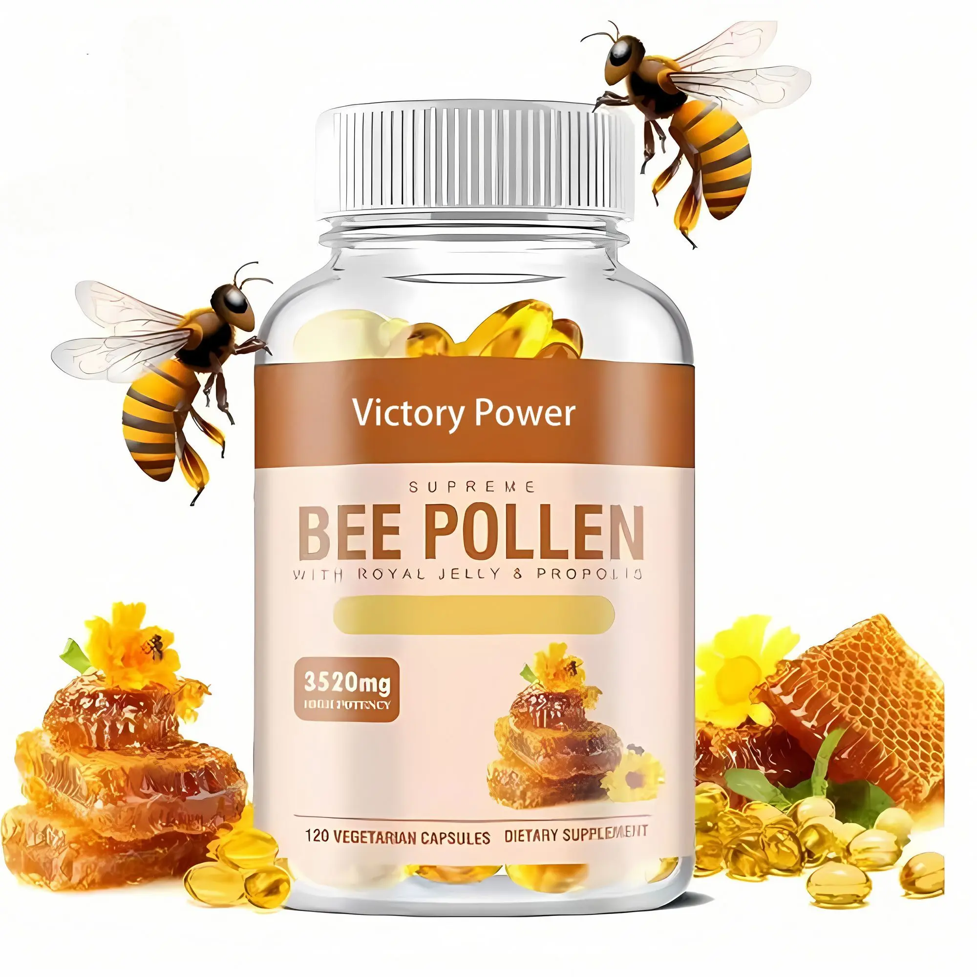 Edible Bee Pollen Honey Healthcare Dietary Supplement, 3520 Mg, 120 Vegetarian Vegan Capsules - 100% Non-GMO, Gluten & Dairy Free, B-Vitamin & Protein-Rich, Stimulant-Free, 24-Month Shelf Life, Energy Support for Adults (Consult a Doctor)