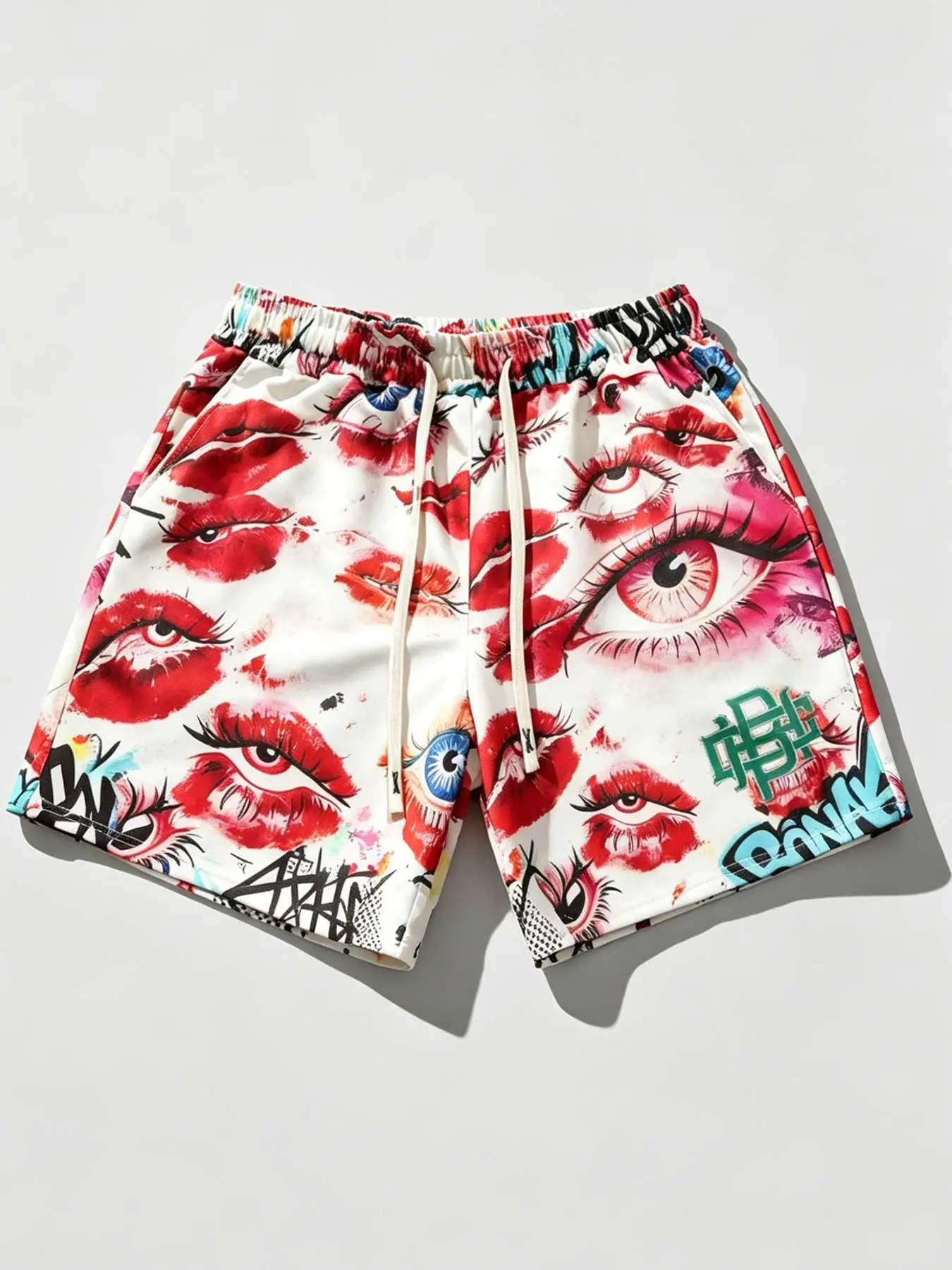 Y2k trendy brand red lips and eyes printed men's shorts are loose, baggy, sexy lips are short for women, trendy all-over printing men's vest shorts beach pants outdoor sports shorts men's personality leisure travel skateboarding Graphic Loose Shorts