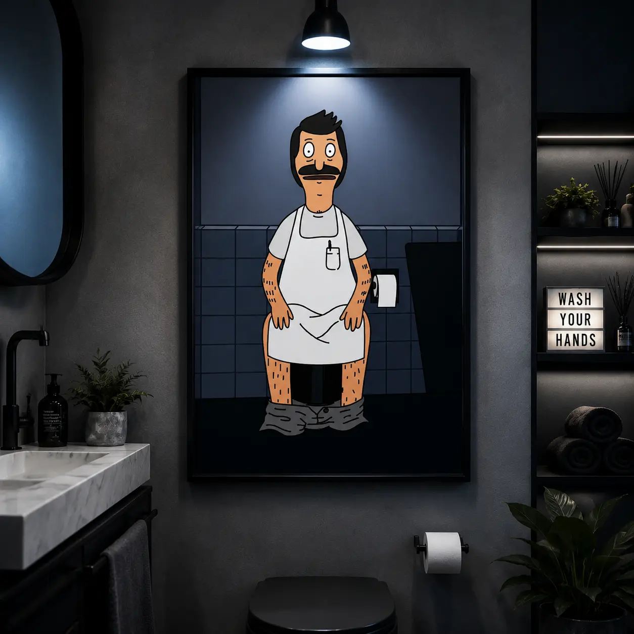 Funny Cartoon Burger Family Bathroom Canvas Poster, TV Show Inspired Wall Art Print, Humorous Restroom Living Room Decor, Halloween Holiday Boyfriend Gift