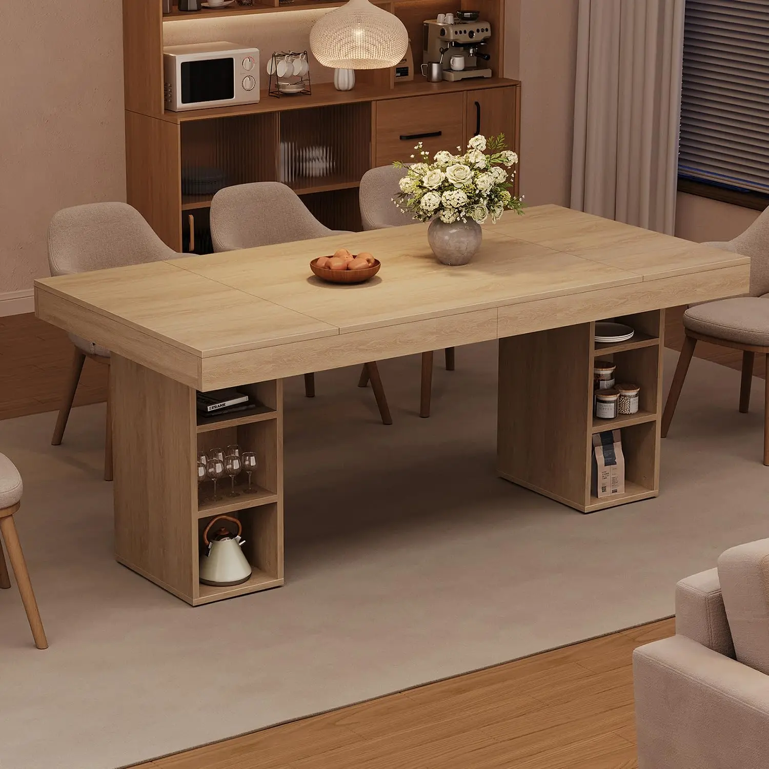 Garvee 71-Inch Wooden Kitchen Table with Dual Side Storage, Large Rectangular Tabletop, Double Pedestal Frame, Seats 6-8, Durable Oak Finish for Dining Room and Dinner