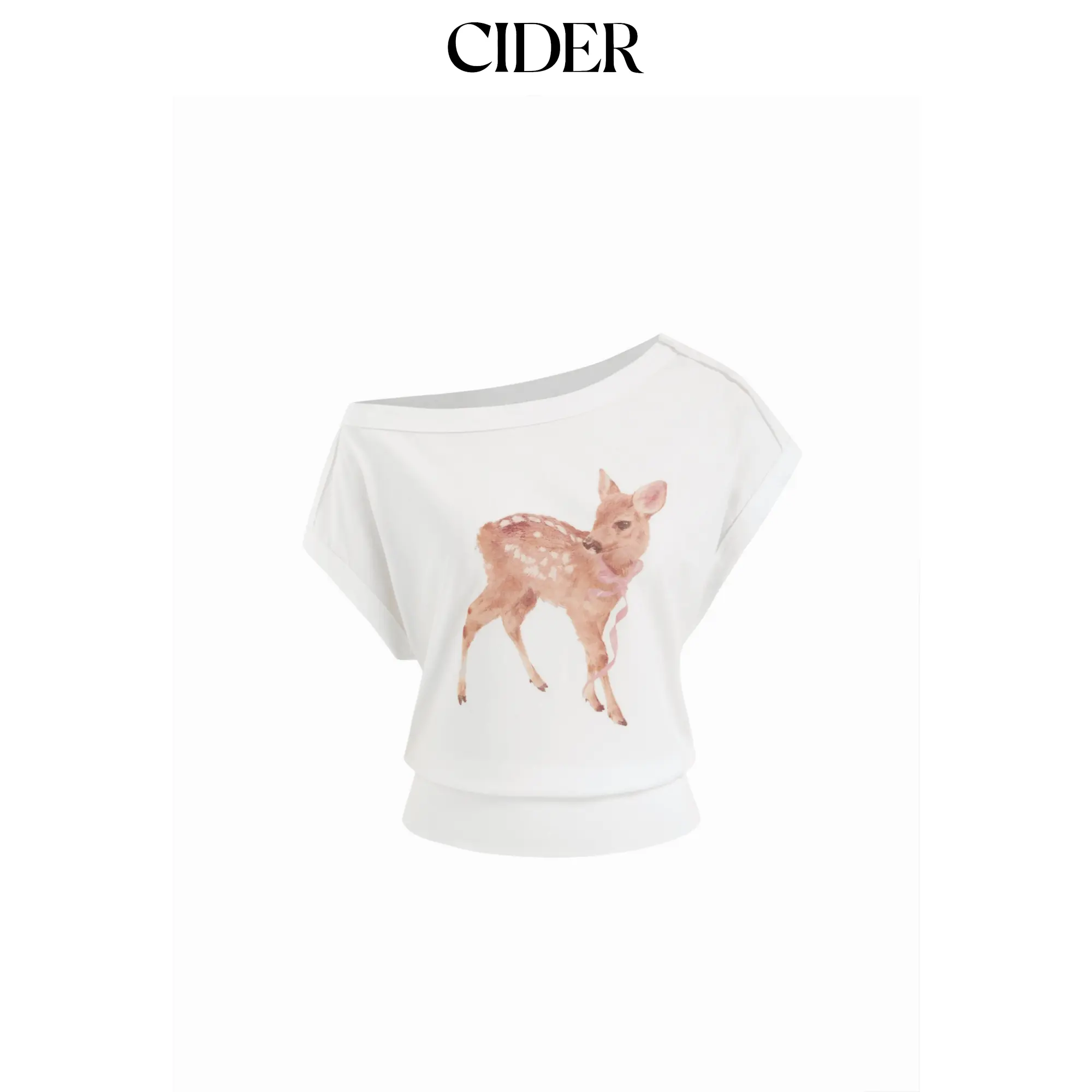 Cider Cotton-blend Deer & Bowknot Graphic Asymmetrical Neck Tee