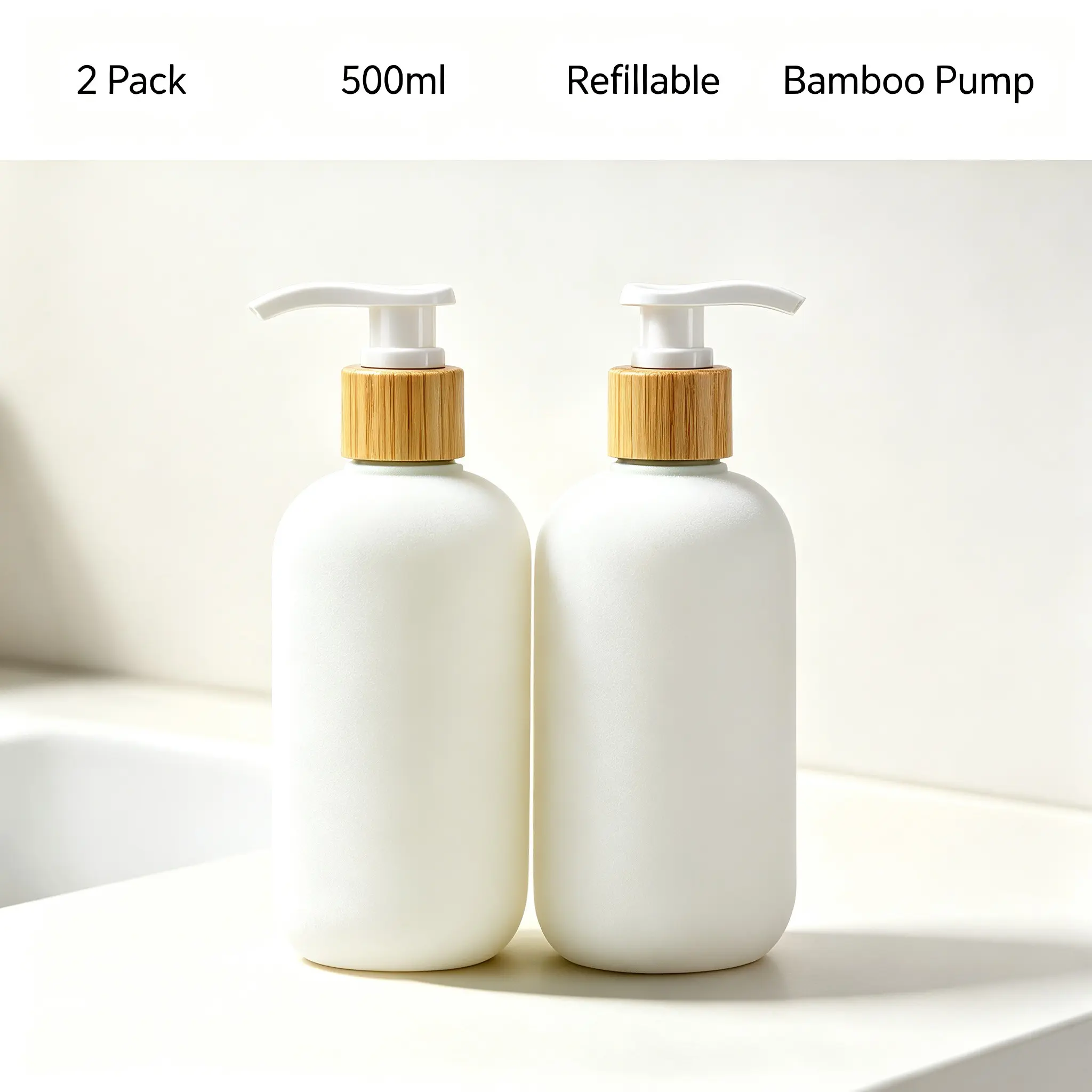 2pcs 500ml Matte White Round Shoulder Soap & Lotion Dispenser, Eco Bamboo Leakproof Refillable Pump Bottle for Bathroom Kitchen Dorm Travel Daily Use