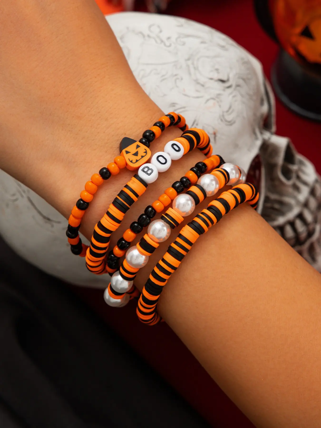 Halloween Beaded Elastic Bracelet Set, Striped Polymer Clay, Acrylic, Imitation Pearl, Pumpkin, Boo Letter, Party Gift