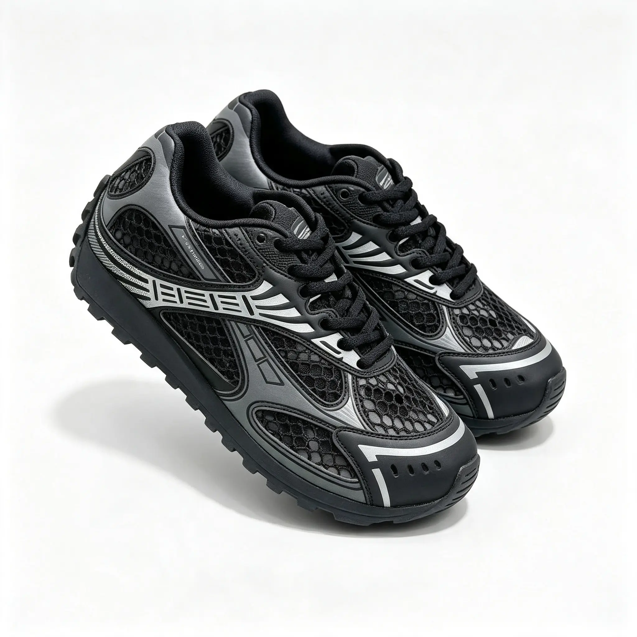 Black Mesh Metallic Girl Runner Sneakers Thick-soled Height-increasing Fitness Footwear Non-slip Rubber Rugged Outsole Breathable Mesh Upper Retro Running Trainers Unisex Street Casual Athletic Shoes