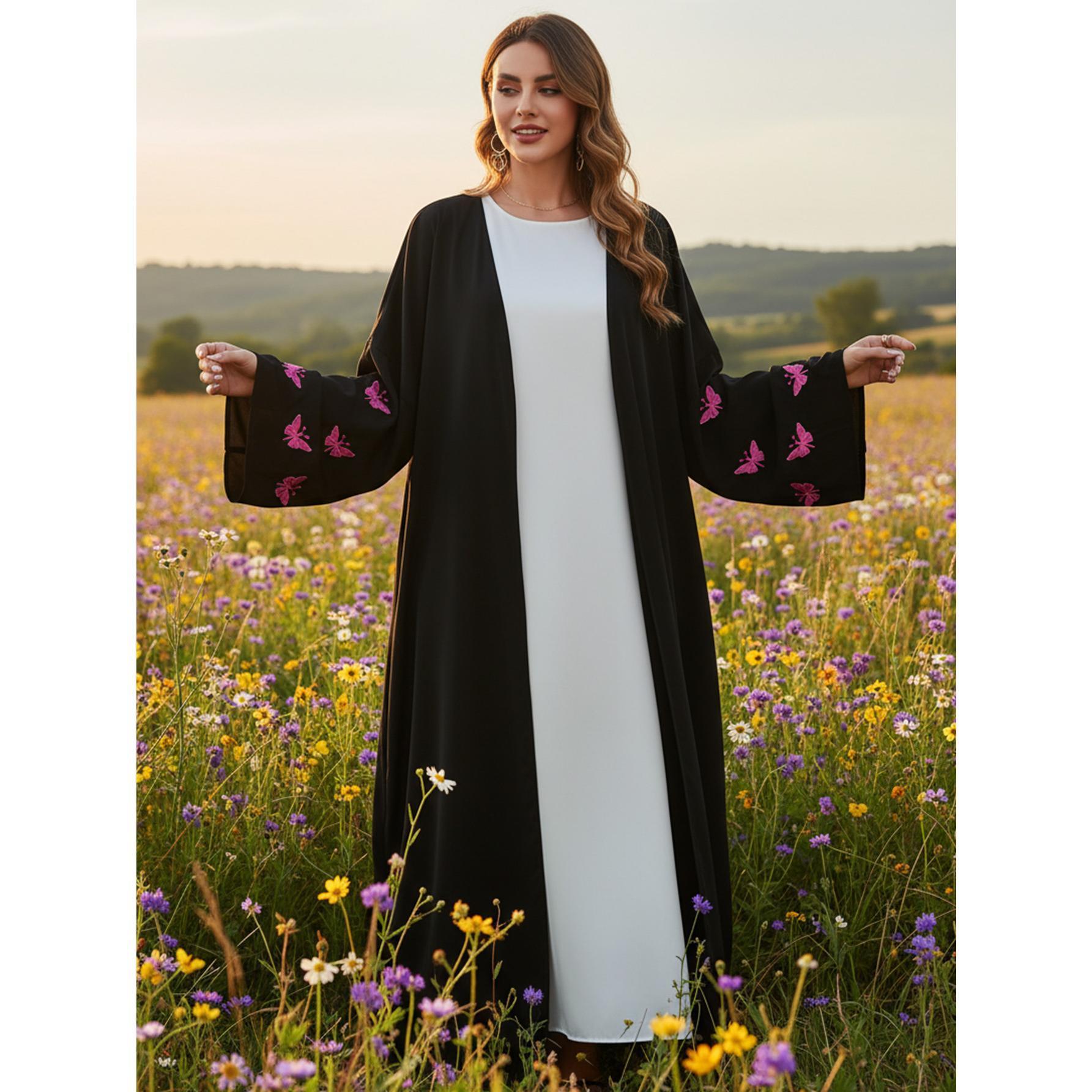 Butterfly Embroidered Open Abaya Chic Kimono Cardigan | One Size Fits Most | Modest Black Casual Robe for Travel, Prayer & Daily Style Butterfly Embroidered Open Abaya Chic Kimono Cardigan | One Size Fits Most | Modest Black Casual Robe for Travel, Prayer & Daily Style