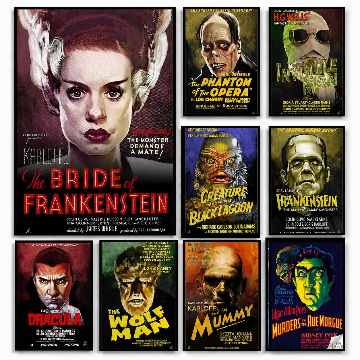 Vintage Classic Horror Movie Art Prints Posters Reprod Universal Monsters Old Hollywood Lot of 8 Creatures Universal Monsters Poster Classic Horror Movie Icons Art Prints Halloween Wall Art for Living Room Bedroom Office Decor Gift