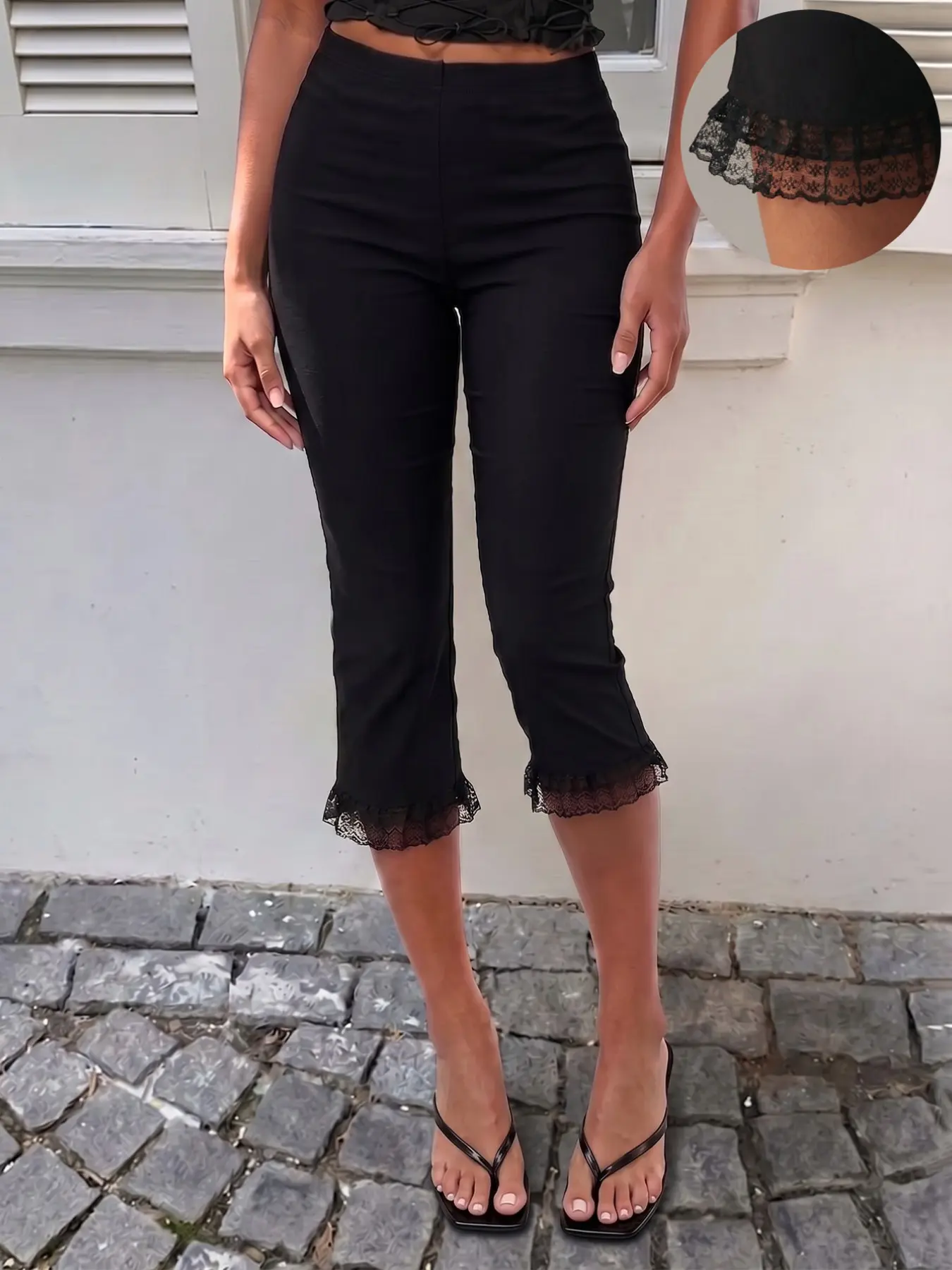 Black Lace Trim Capri Leggings Women High Waist Slim Fit Cropped Yoga Pants Bodycon Stretch Leggings Scalloped Lace Hem Detail Y2K Streetwear Going Out Casual Fashion