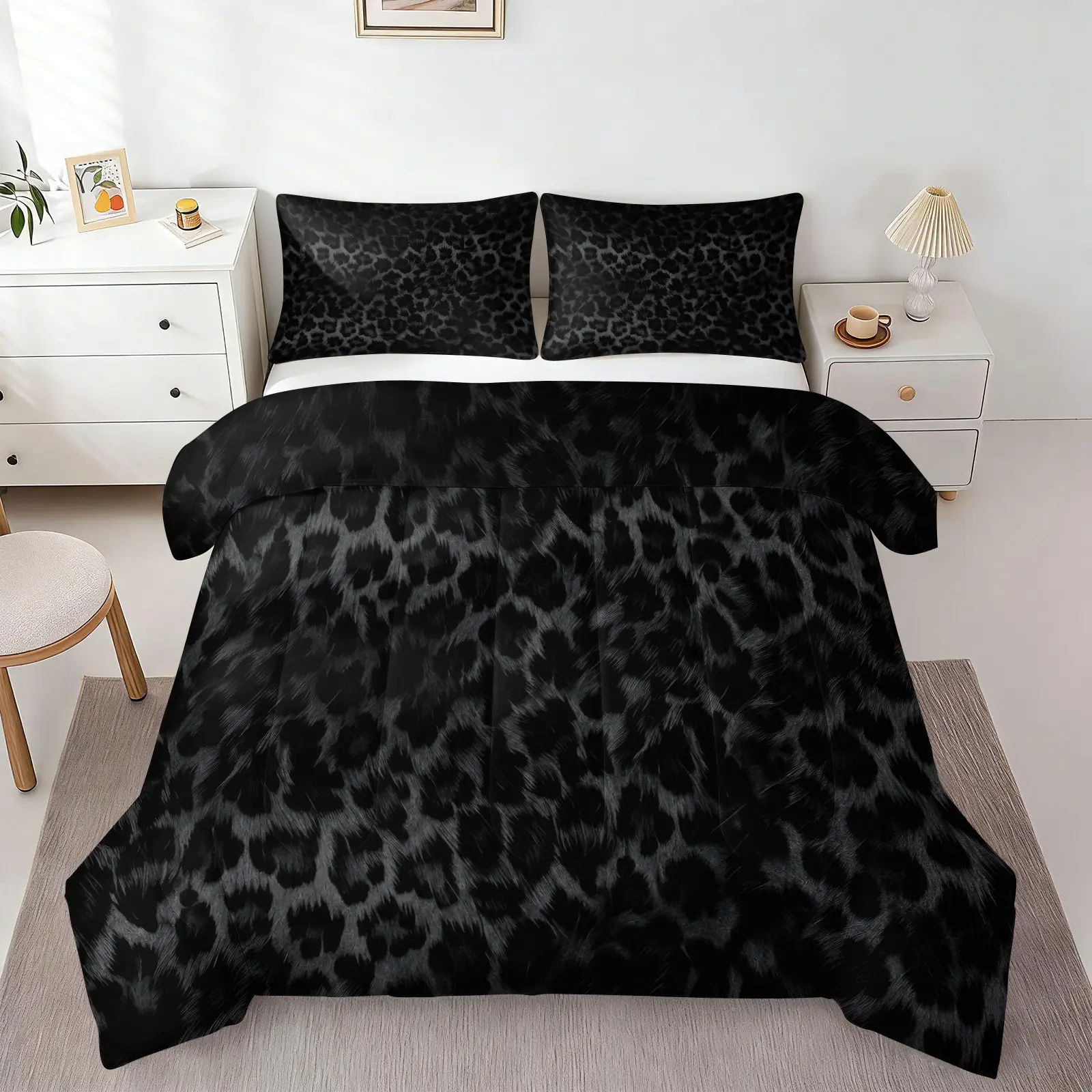 Stylish Dark Black Faux Fur Leopard Comforter Set (1 Comforter + 1-2 Coreless Pillowcases), Soft Comfy Durable Washable, All Season Microfiber Fabric, Vintage Black Leopard Print Bedding Decor for Teen Girls Women Dorm