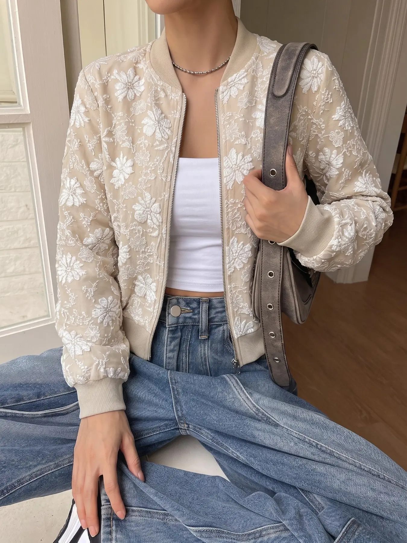 1pc Beige Floral Jacquard Bomber Jacket, Zip Stand Collar Long Sleeve Coat, Soft Elegant Outerwear for Daily Dating Club Concert
