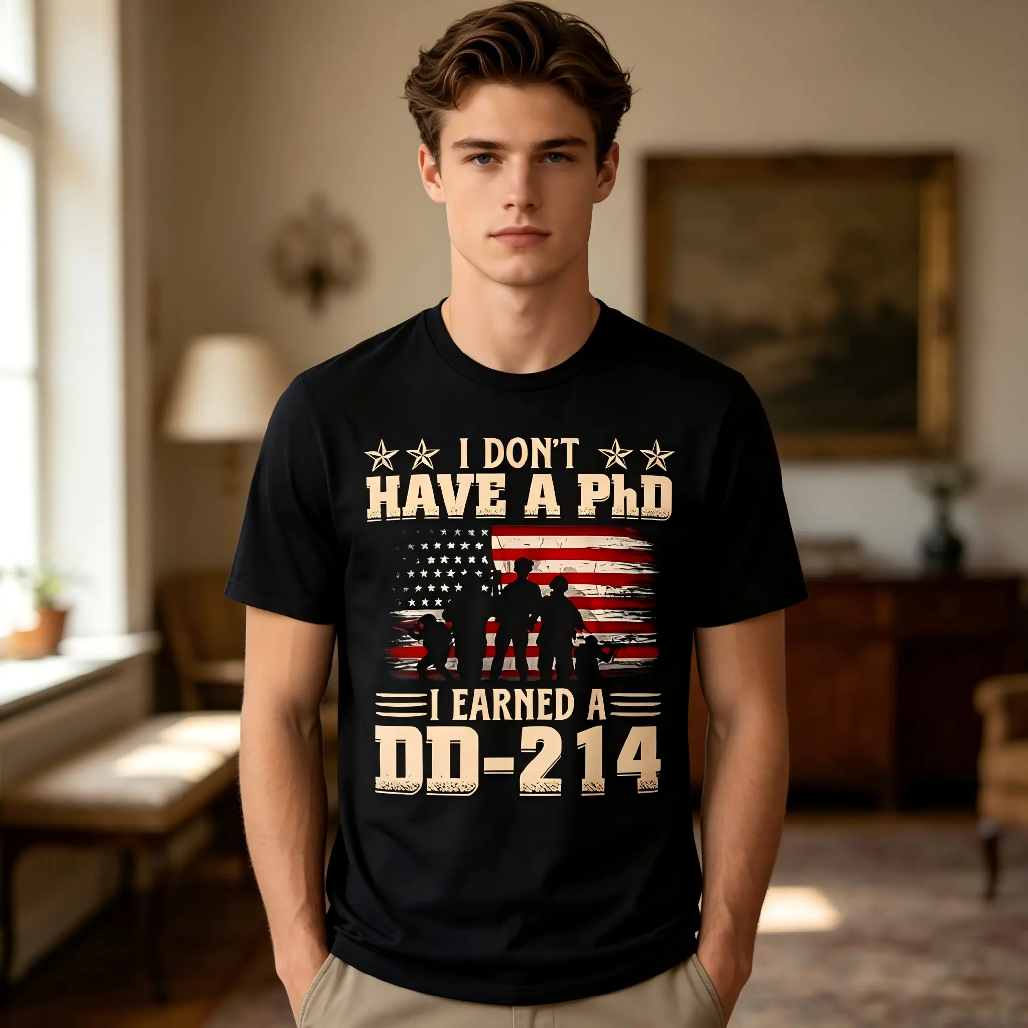 DD214 Retro Flag T-Shirt: I May Not Hold a Phd, But I Proudly Earned My DD214. This Y2K Street-Style Tee Is Casual, Trendy, And Perfect for All Seasons. It Features a Crew Neck, Is Breathable, Machine Washable Black Crewneck