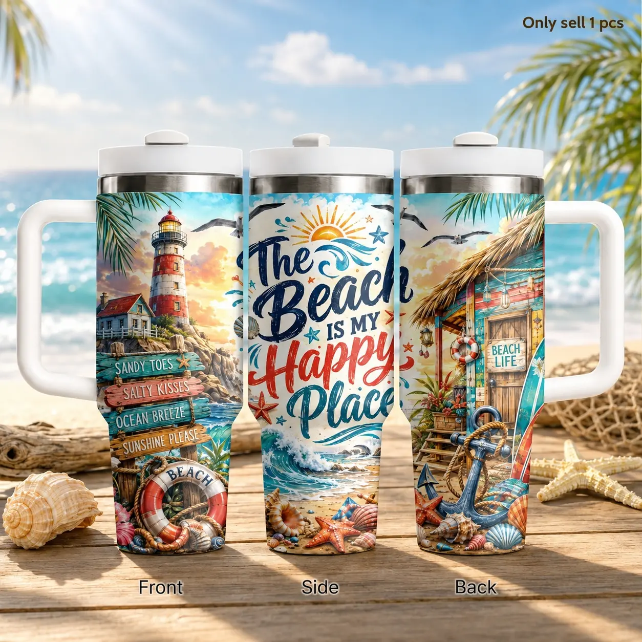 Coastal Summer Beach Life 40oz Tumbler for Women, Tropical Ocean Insulated Cup with Handle and Straw, Leakproof Stainless Steel Drinkware for Vacation, Pool Days, Road Trips and Seaside Gifts