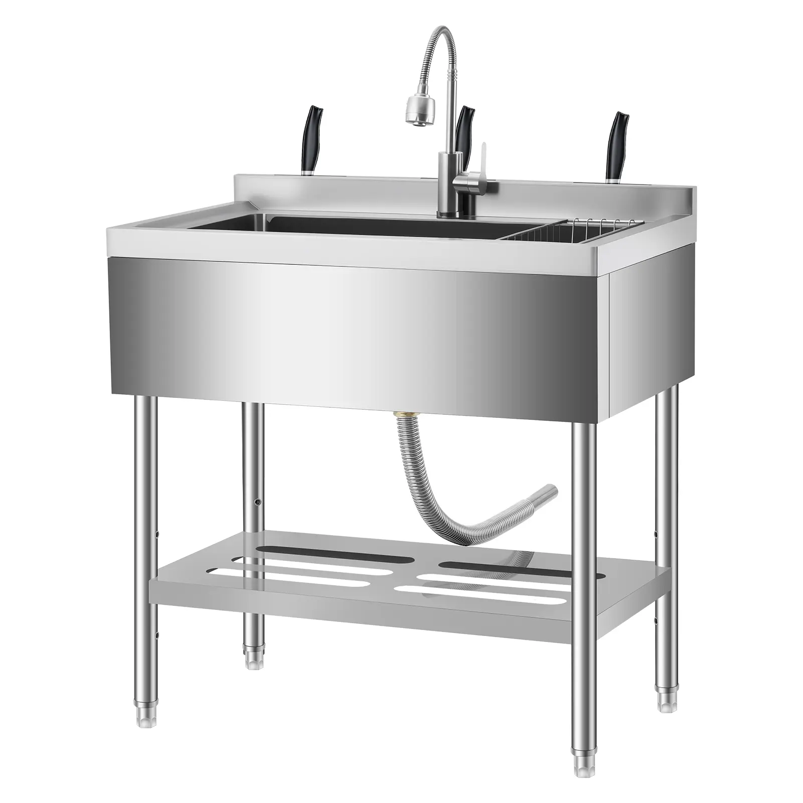 Stainless Steel Utility Sink with Faucet, Single Bowl Kitchen Sink with Adjustable Legs, Storage Shelf,S-Hooks & Hot Cold Water Pipes,Laundry,Garage