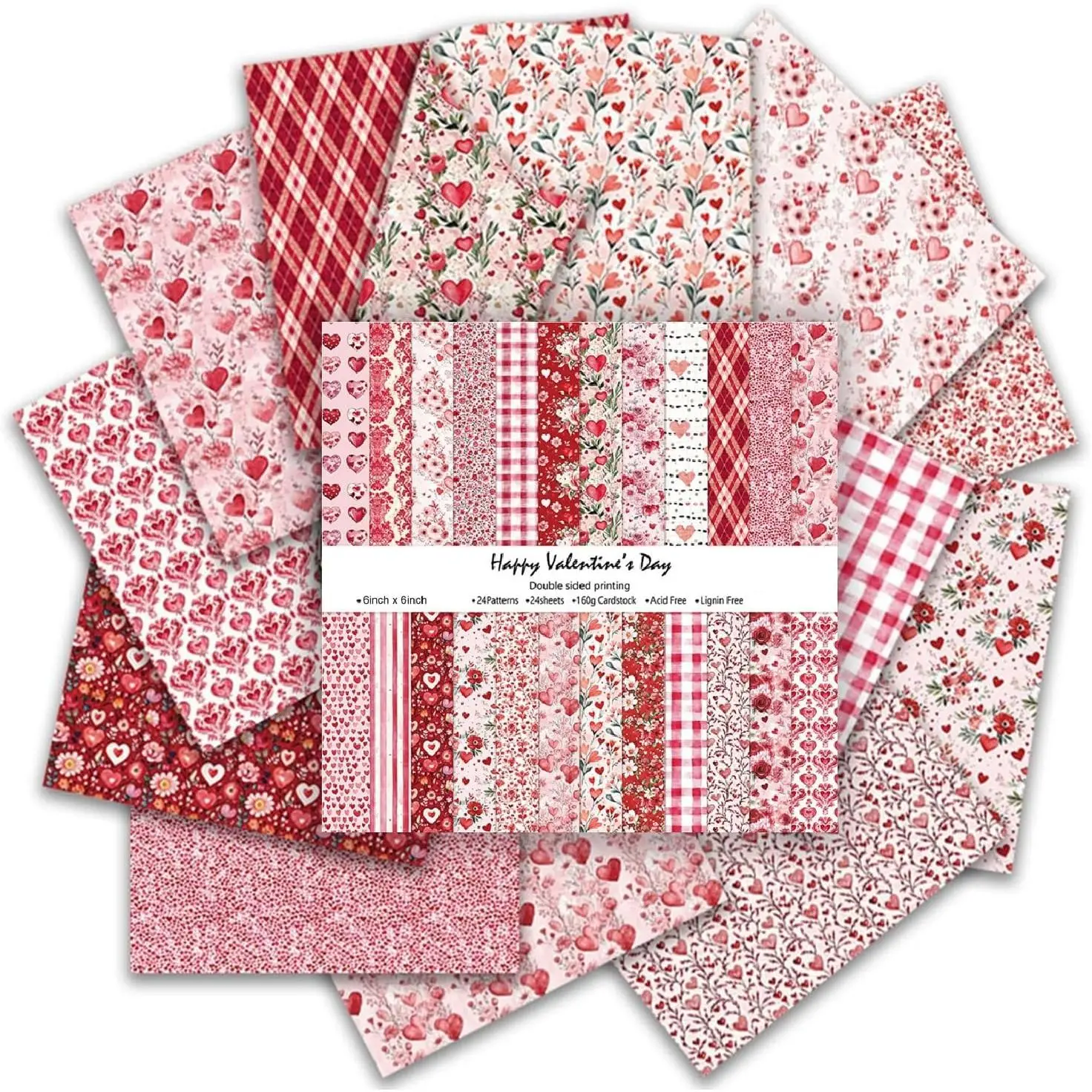 Valentines  Paper Double Sided Decorative Scrapbook Craft Paper,Heart Red  Supplies for Valentines Craft Supplies Card Making Scrapbooking (12 Design,24 Sheet,6 x 6 Inch)