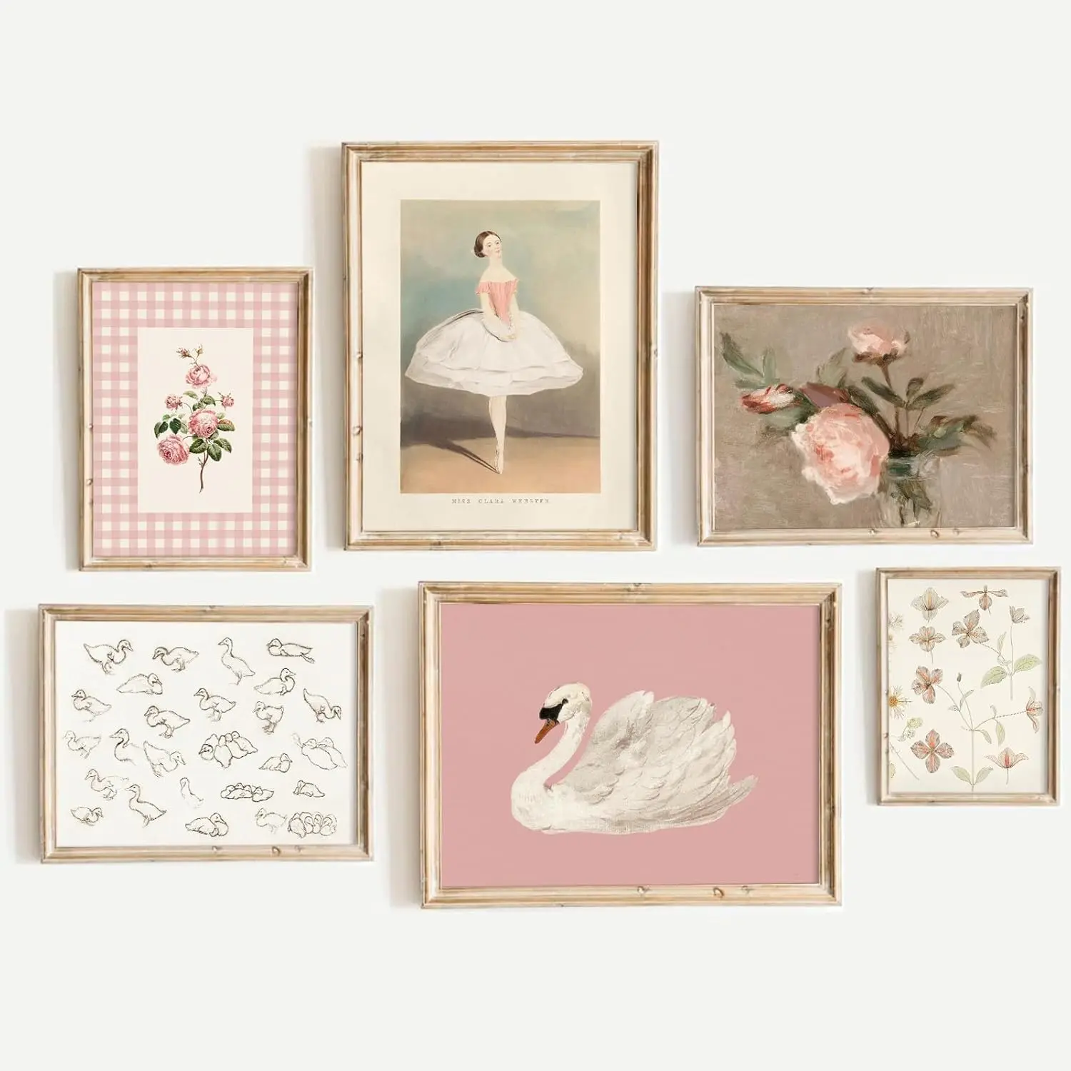 Nursery Pink Wall Art Decor Baby Girl Canvas Wall Art Vintage Floral Prints Kids Room Wall Decor Preppy Flower Poster Antique Pink Pictures Swans Painting for Girls Room Bedroom 8x10x6 Inch Unframed