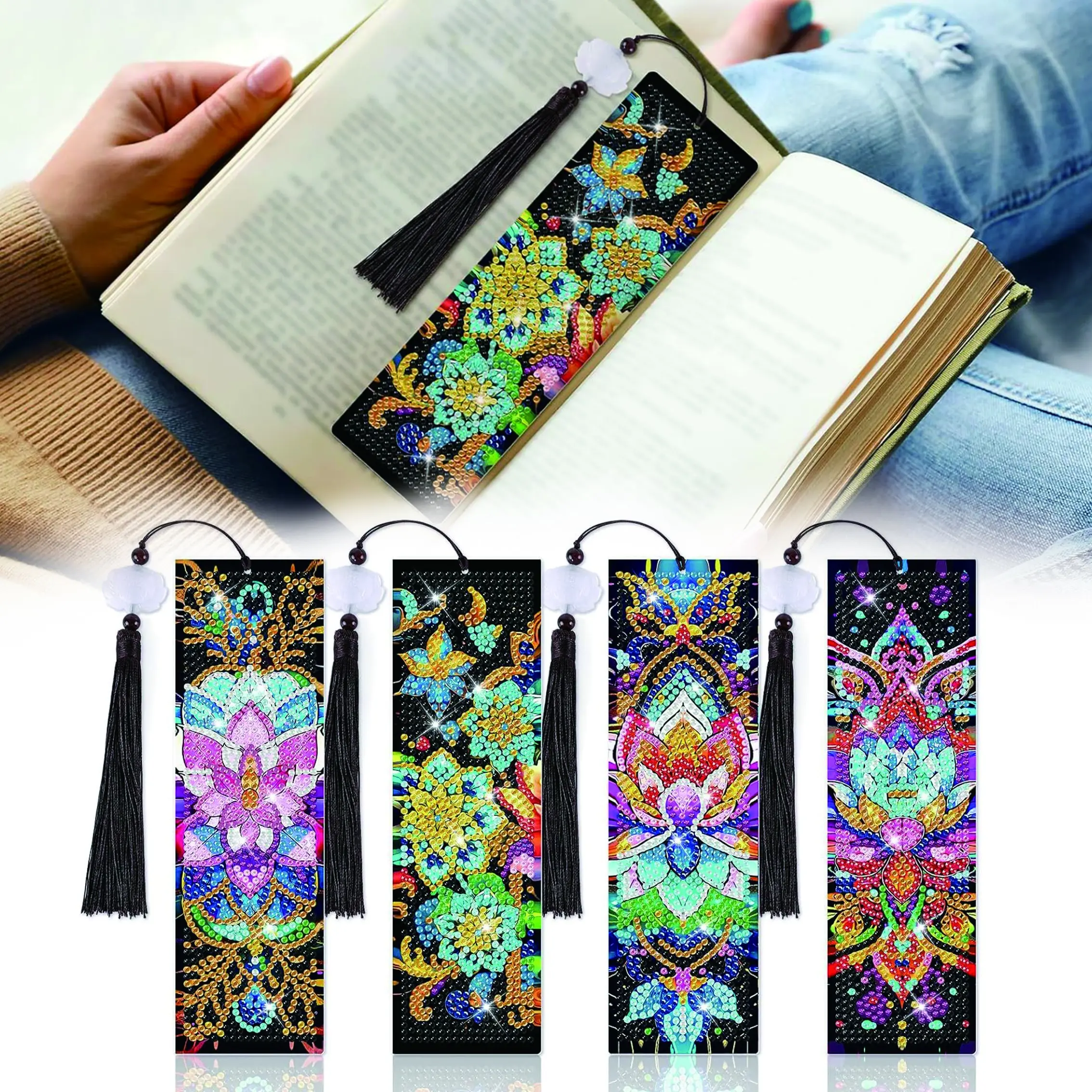 4 Piece Mandala Diamond Art Bookmarks, 5D Diamond Art Bookmarks, Acrylic Fringe Bookmarks, DIY Craft Supplies for Beginners and Adults