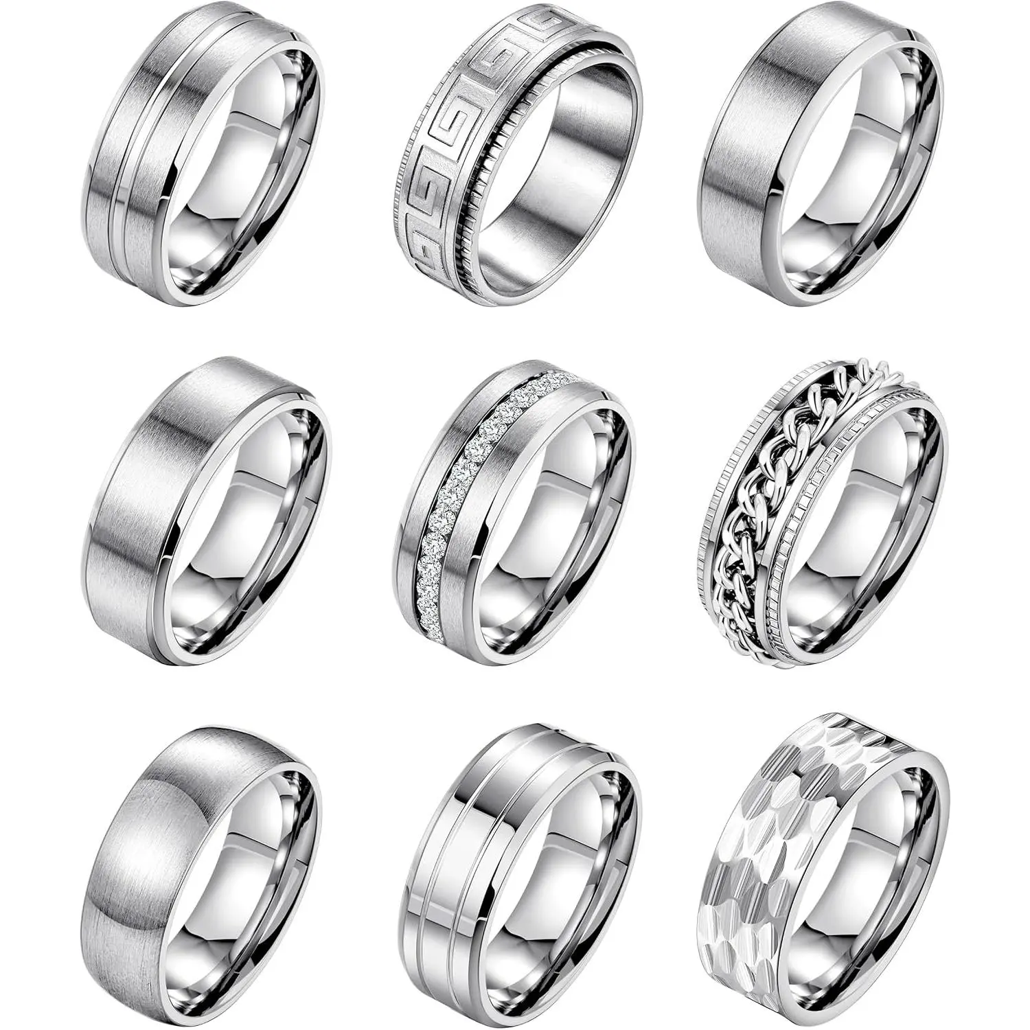 9 count 8MM Stainless Steel Band Rings for Men Women Chain Rings Simple Brushed Wedding Engagement Rings Set 7-13