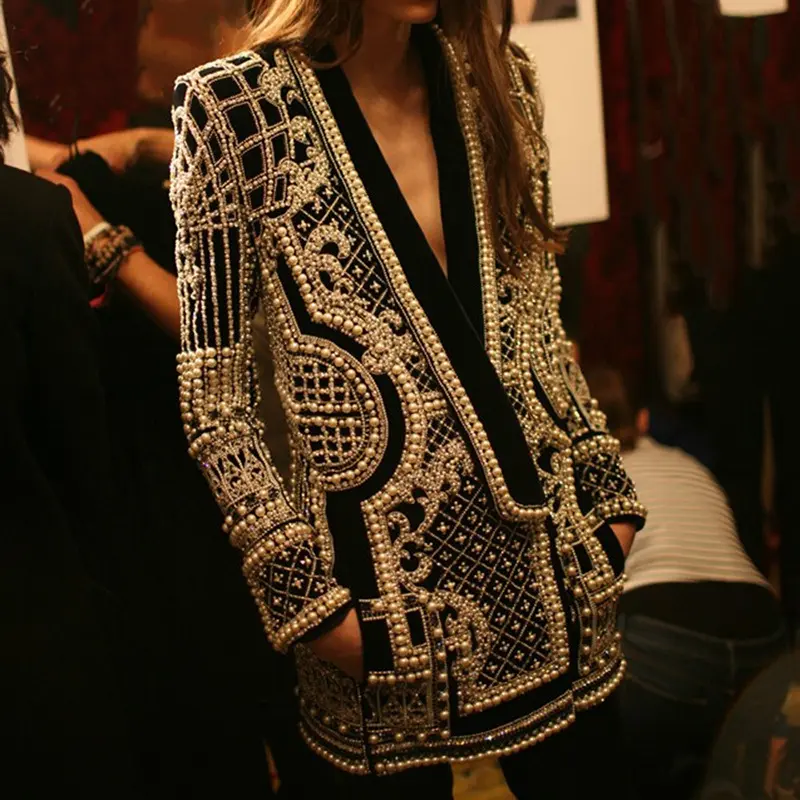 Women's Beaded Fabric Retro Casual Blazer - 2026 Ocean-Style Spring Heavy-Craft Longsleeve V-Neck Luxury Elegant Jacket, Women's Casual Outerwear, Longsleeves