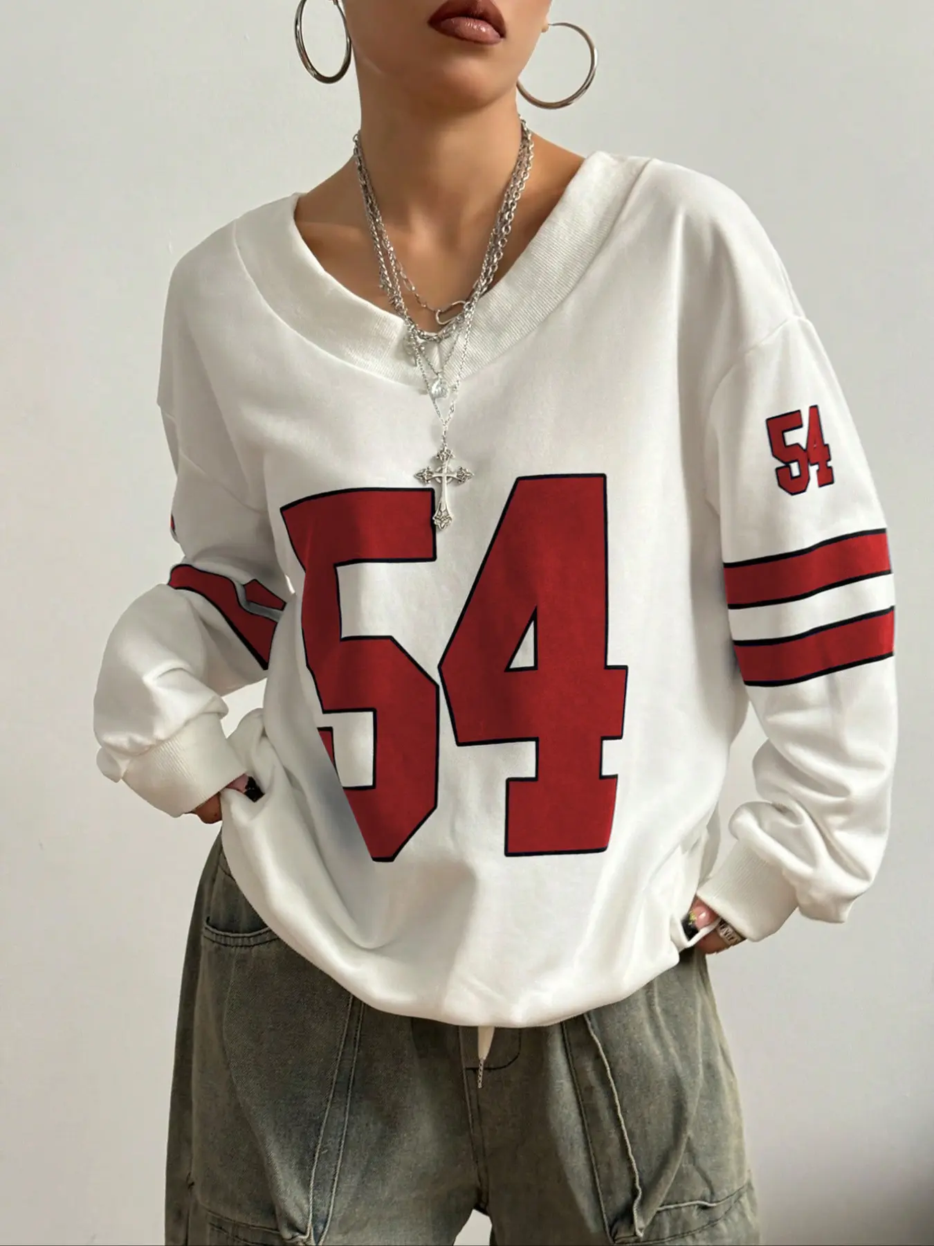 Plus Size Women's V Neck Pullover Sweatshirt, Fashion Digital Print Design, Loose Fit, Casual Everyday Outdoor & Sports, Spring & Fall Long Sleeve Top