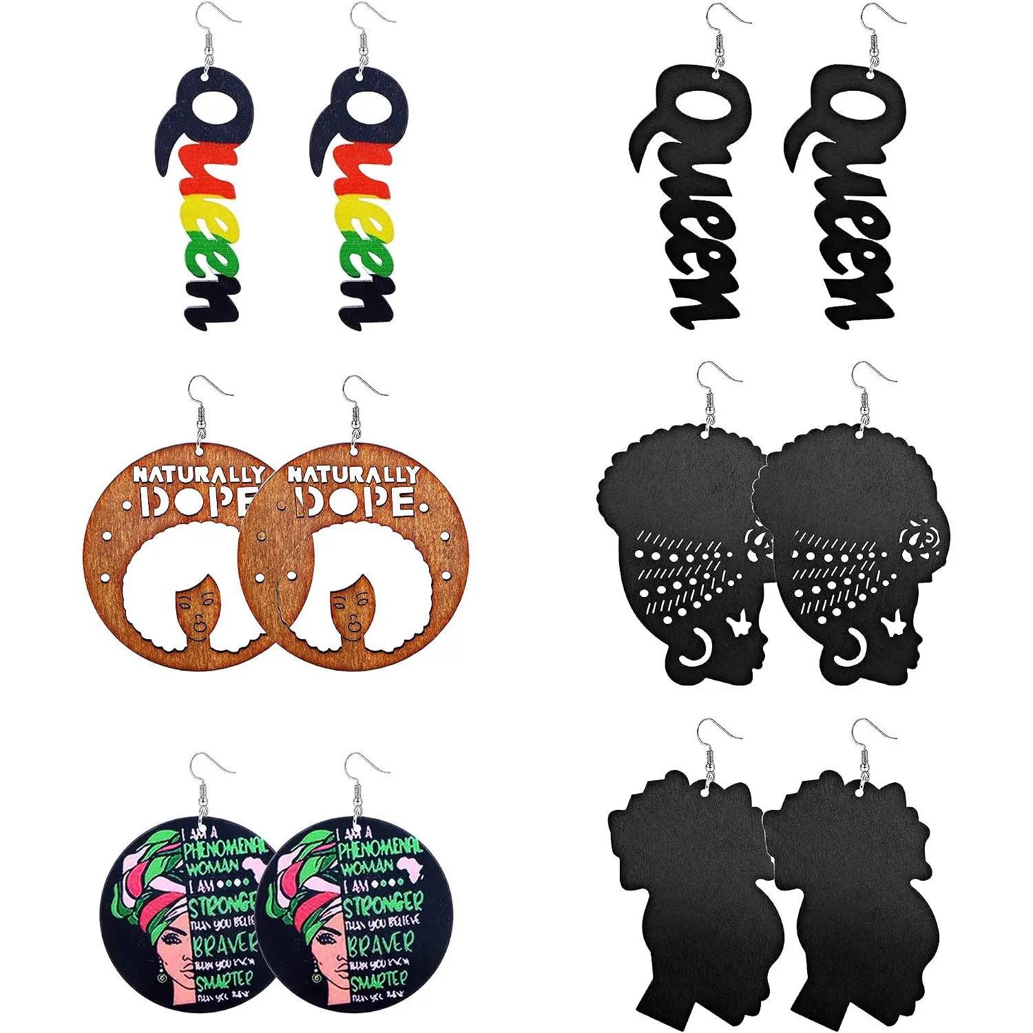 6 Pairs Round African Wooden Earrings for Women, Dangle Earrings, Natural Ethnic Style Large Earrings