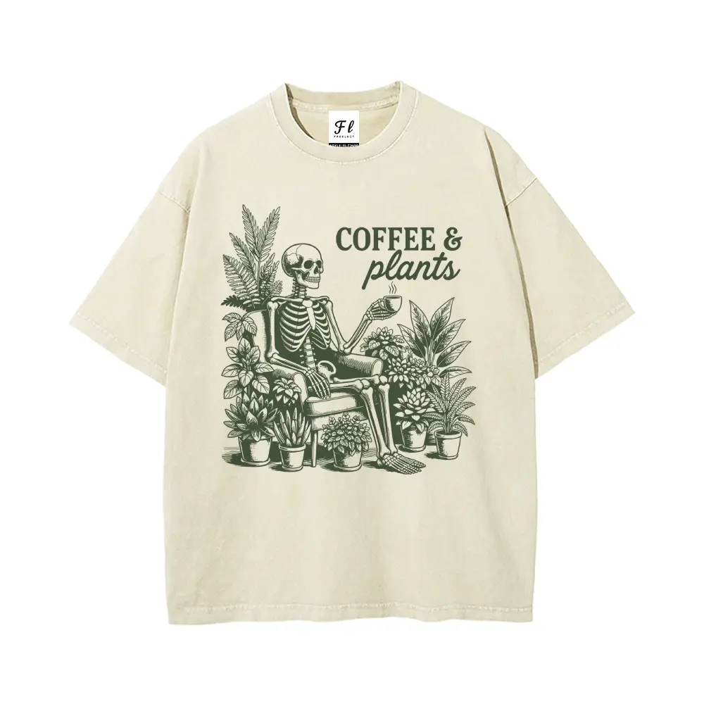 Menswear Vintage Acid Wash Cotton Fabric Round Neck Skeleton Coffee & Plants Graphic T-Shirt - Unisex Oversized Retro Goth Casual Streetwear Top