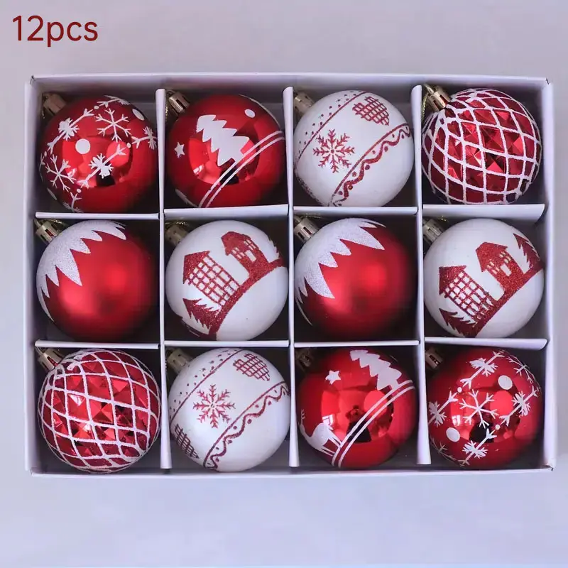 12 Christmas Balls, 6cm Plastic Decorations, Mixed Shapes Colors, Holiday Wedding Party Supplies, Random Hat Covers Included