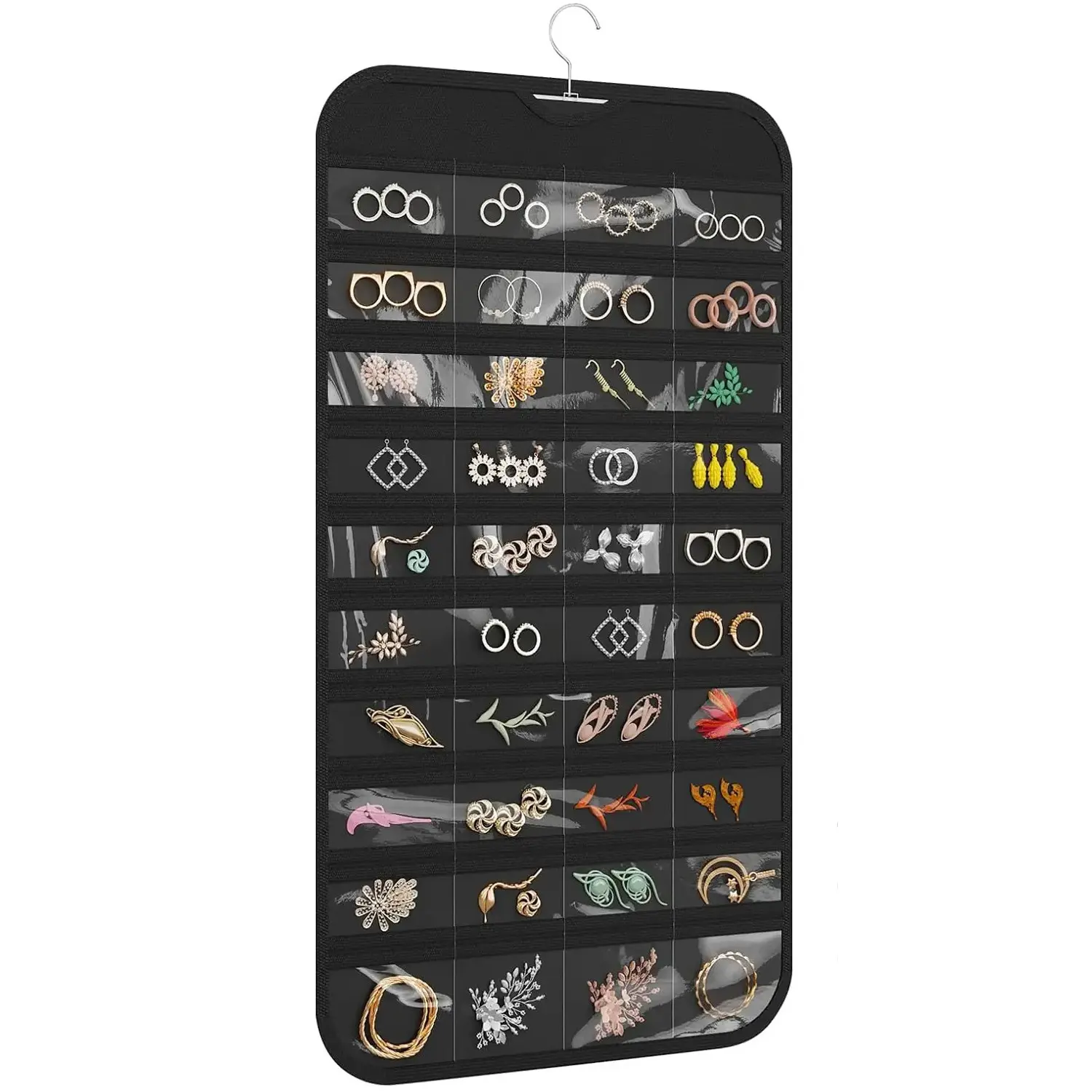 Hanging Jewelry Organizer Bag, 80 Pockets Dual-Sided Foldable Transparent, Clear Organizer, Rotating Hook for Wall Door Rod, Sort Earrings Necklaces Bracelets Rings, Earring Holder Organizer