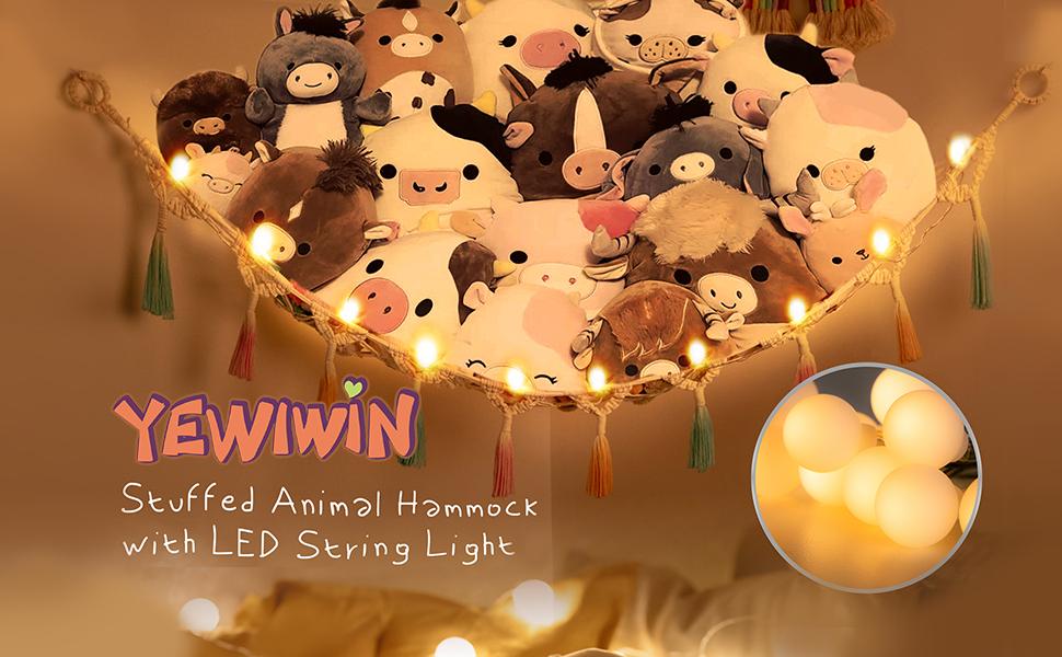 Stuffed Animal Net or Hammock with Light, Macrame Hanging Net Hammock for Stuffed Animal Toy Storage Organizer Boho Decor Room Holder for Nursery Play Room Bedroom (Black(55"*55"*72"))