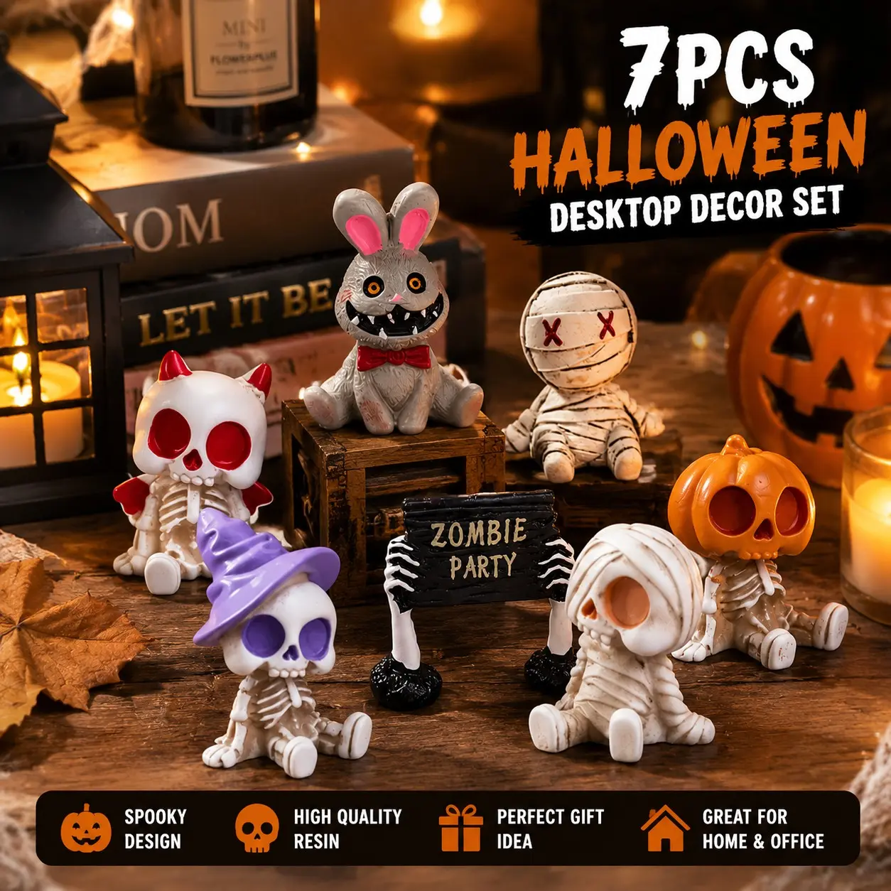 7-Piece Halloween Horror Decor Set, Random Candy Pumpkin Skulls, Mini Resin Statues, DIY Party Supplies, Home & Car Decoration