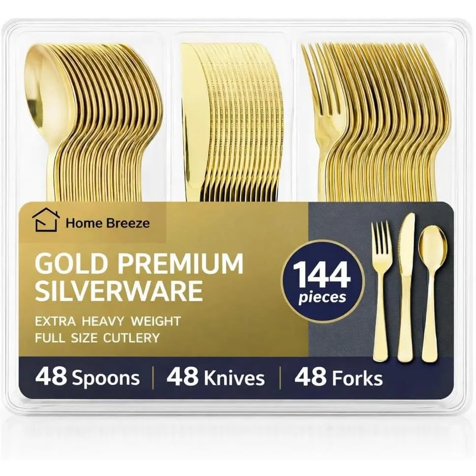 144 Pack Gold Premium Heavy Duty Plastic Silverware, 48 Forks, 48 Spoons, 48 Knives, For Catering, Parties, Dinners and Weddings, BPA-Free, Disposable Plastic Cutlery Set Utensils Set