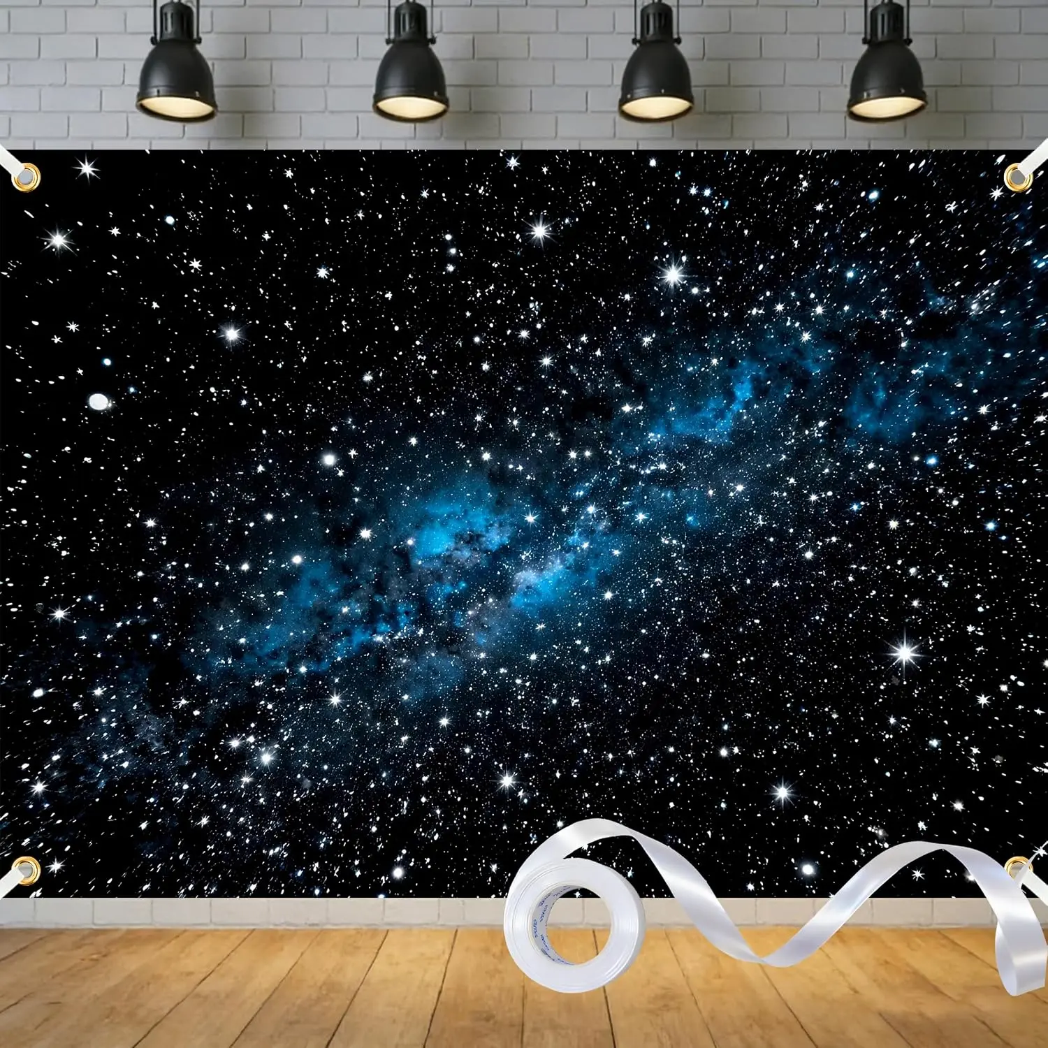 2D Falt Space Backdrop Starry Night Sky Backdrop Polyester Universe Space Star Theme Photo Background Galaxy Banner for Boy or Girl Birthday Party with Ribbon