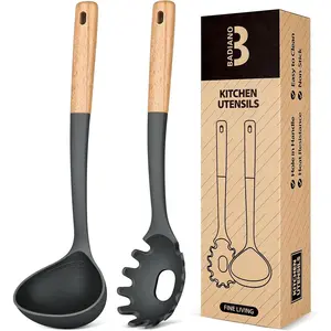 Pasta Fork and Ladle Set BPA-Free Matte Silicone Wood Handle Spaghetti Spoon Perfect for Serving Hot Soup Stirring Sauce Pasta for Nonstick Cooking Surfaces (Grey)