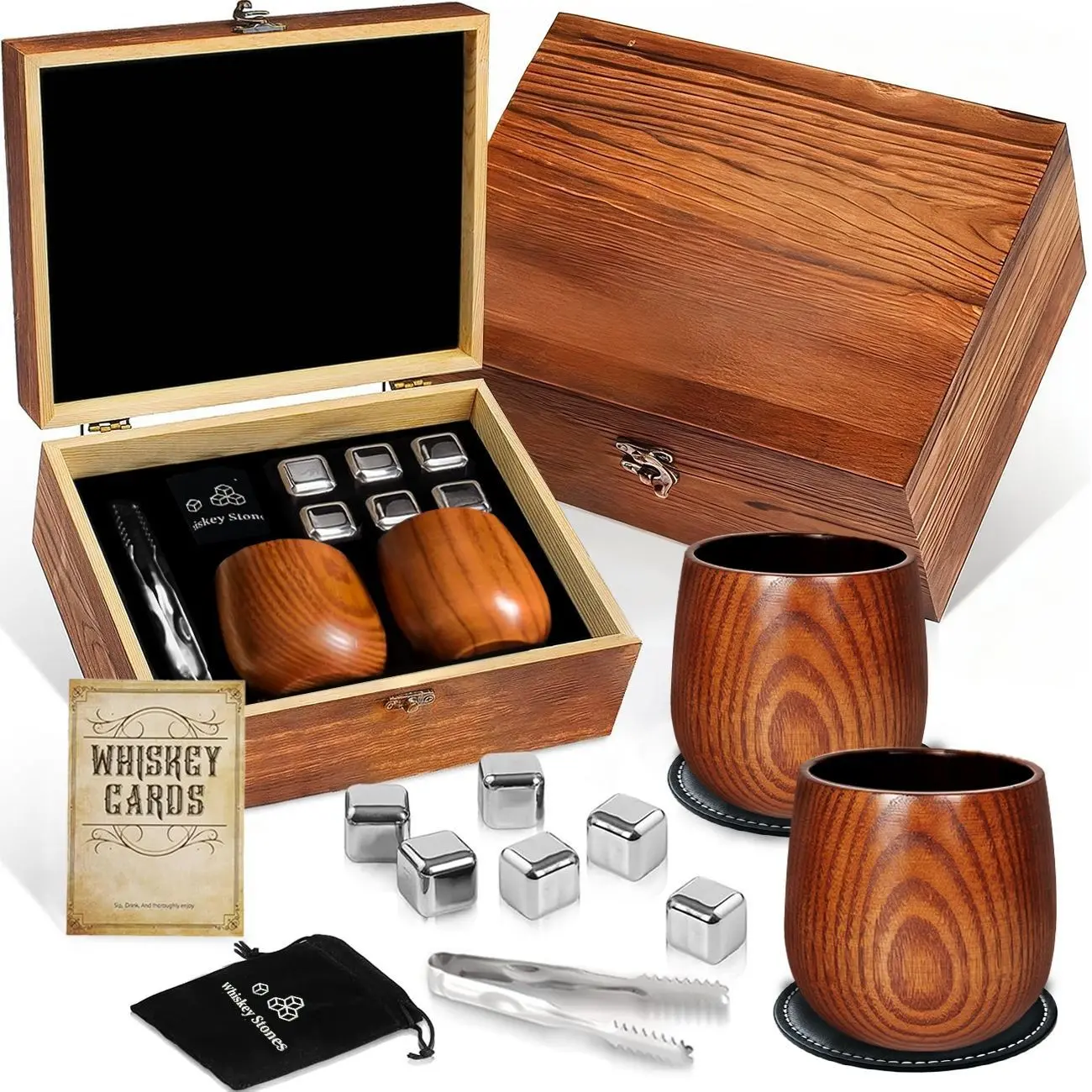 Charred Wood Bourbon Whiskey Glasses Set, Handmade Oak Wooden Whiskey Cups with Ice Stones and Gift Box, Classic Glass Whiskey Glasses for Men, Whisky, Drinkware