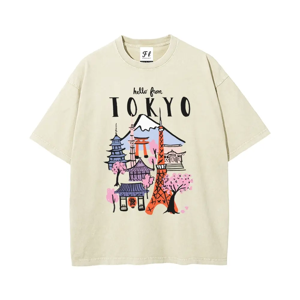 Unisex hello from TOKYO Cherry Blossoms Mount Fuji, Torii Gates & Romantic City Graphict Washed T-Shirt Personalized Pattern Y2k Clothing Round Neck Washed T-Shirt,Women's Clothing 100% Cotton, Menswear, Top, Vintage Style,Summer Casual Oversized